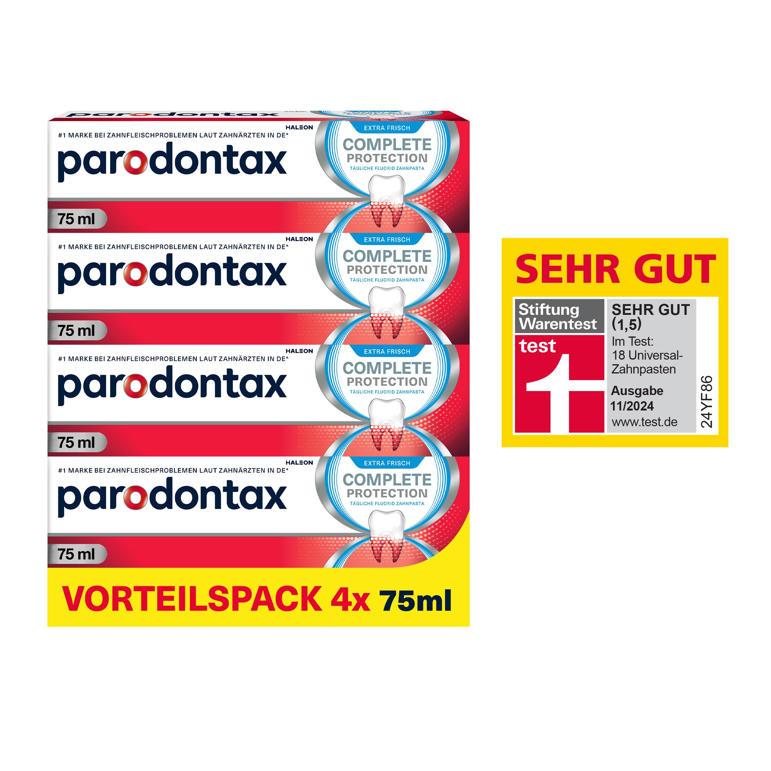 Parodontax Complete Protection Zahnpasta mit Fluorid, 4x75ml, hilft Zahnfleischbluten zu reduzieren und vorzubeugen