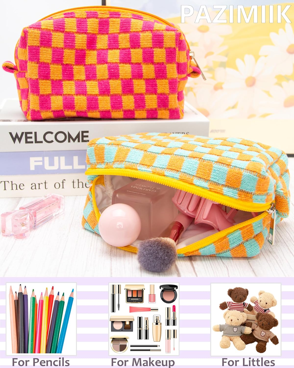 Checkered Makeup Bag for Purse, Small Travel Cosmetic Pouch,Orange Green image 3