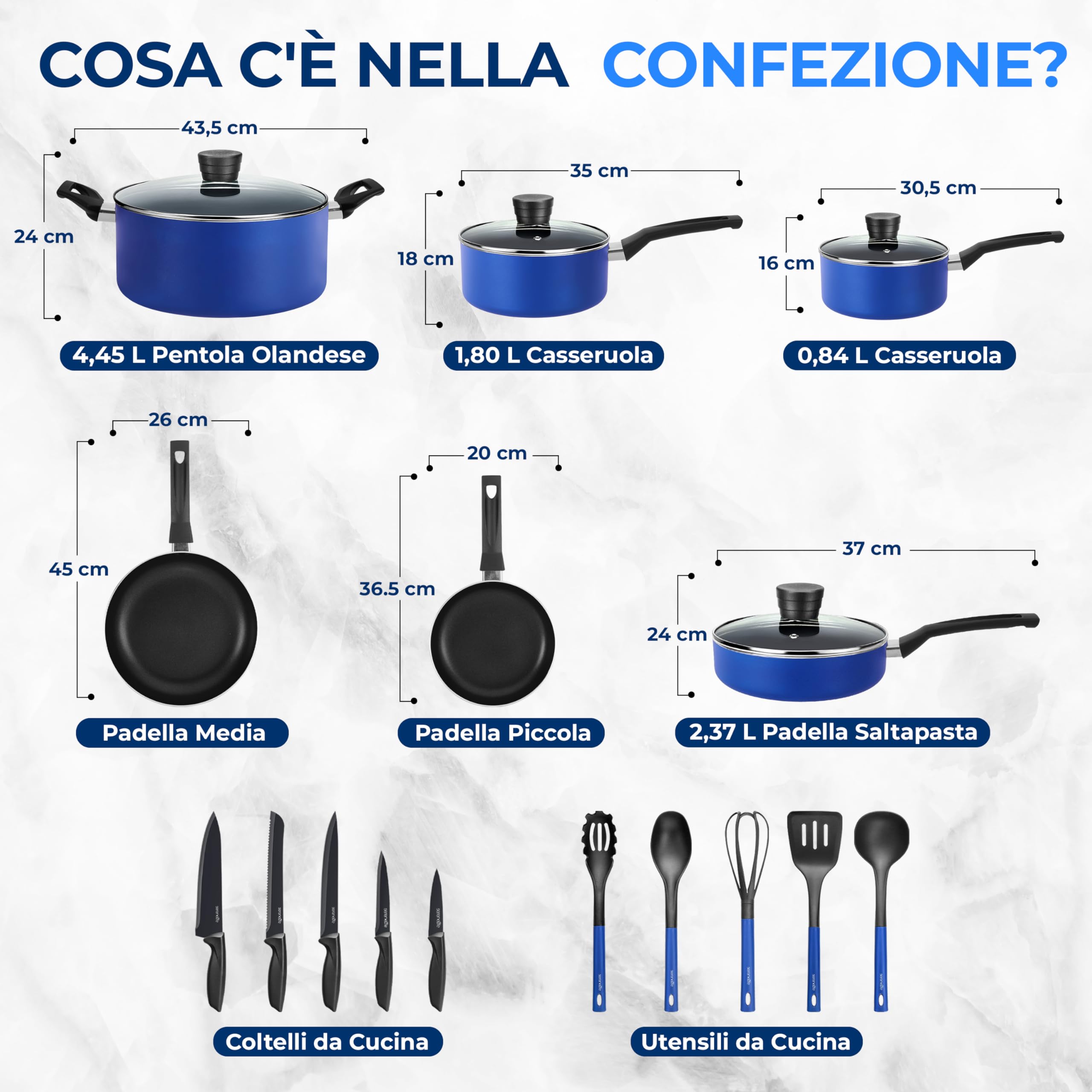 SereneLife Set Pentole 20 Pezzi Blu con Coltelli, Batteria Pentole con Coperchi e Utensili, Antiaderente, Resistente al Calore, Lavabile in Lavastoviglie, Gas, Elettrico e Ceramica