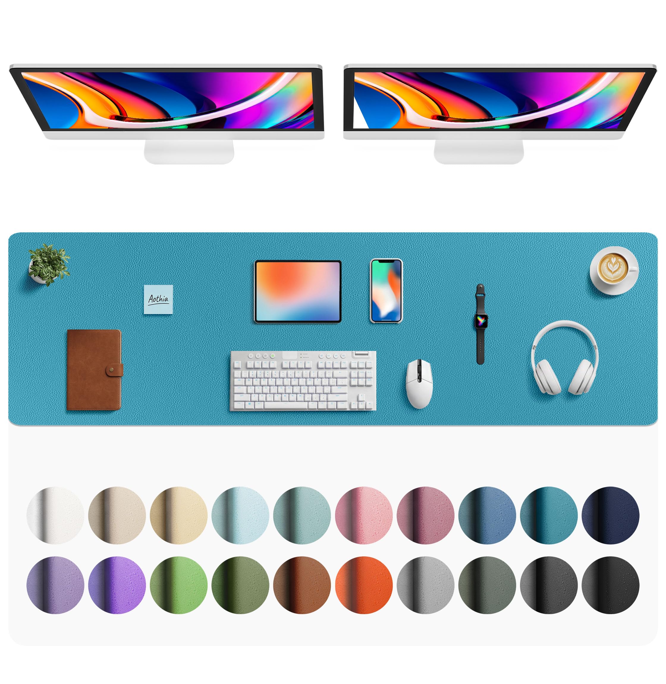 Aothia Faux Leather Desk Mat - Large Mouse Pad, Non-Slip PU Leather Blotter, Waterproof Writing Surface for Office and Home (Turquoise, 63" x 17")