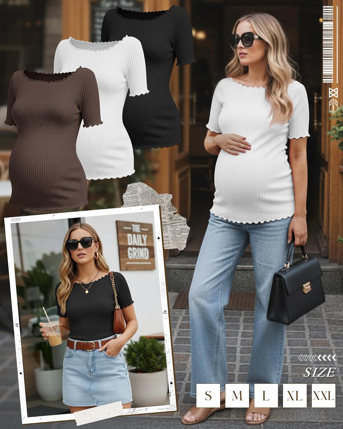 3 Pack Women's Maternity Ribbed Shirts Cotton Short Sleeve Pregnancy Tops Boat Neck Lettuce Trim Mama Clothes - Image 2