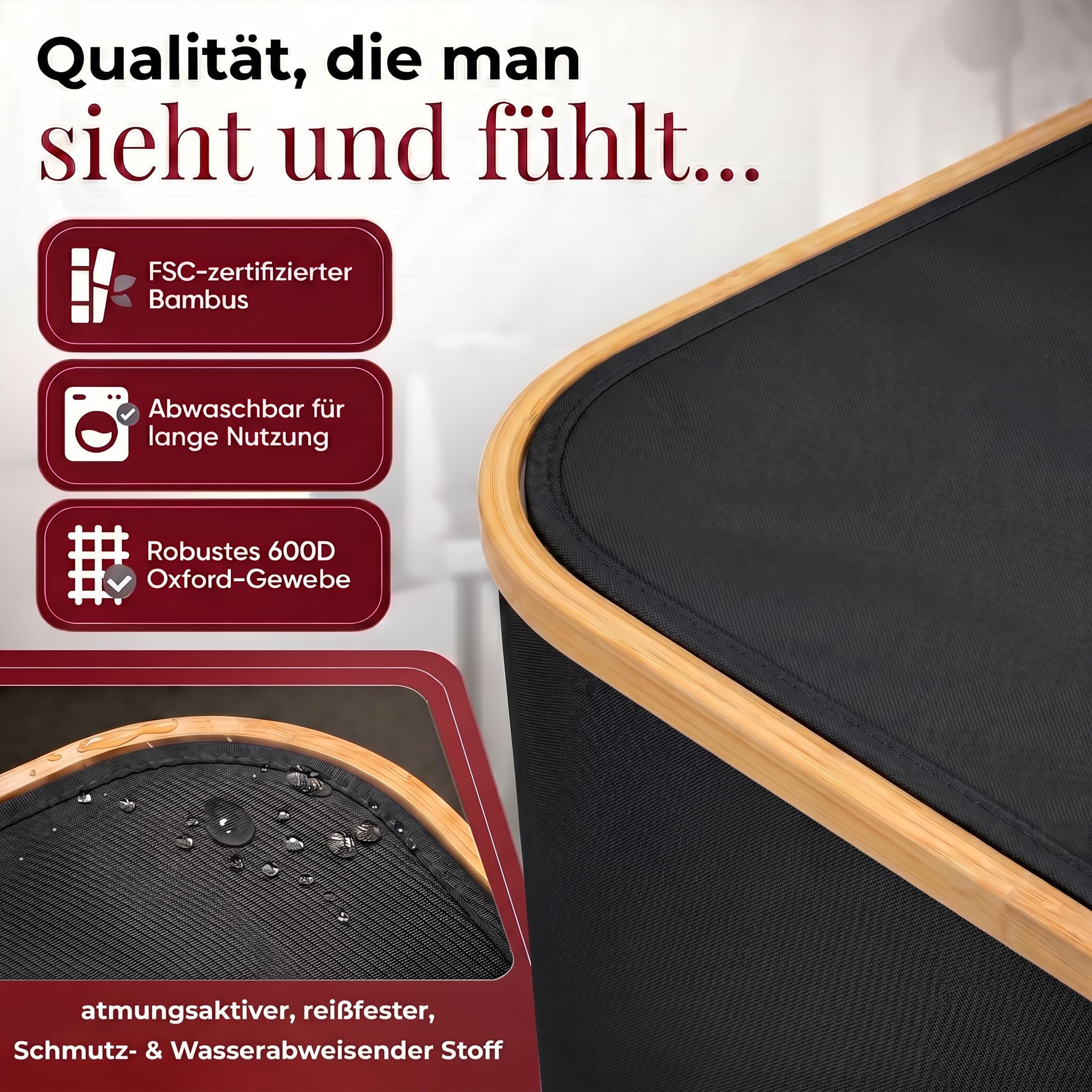 HomyFeel - Wäschekorb 3 Fächer rollbar, 160L Wäschesammler mit Deckel, Wäschesortierer groß, Oxford Gewebe, herausnehmbarer wäschesack, Wäschebox auf Rollen, Griffe aus Bambus, 57x37,5x79cm, Schwarz