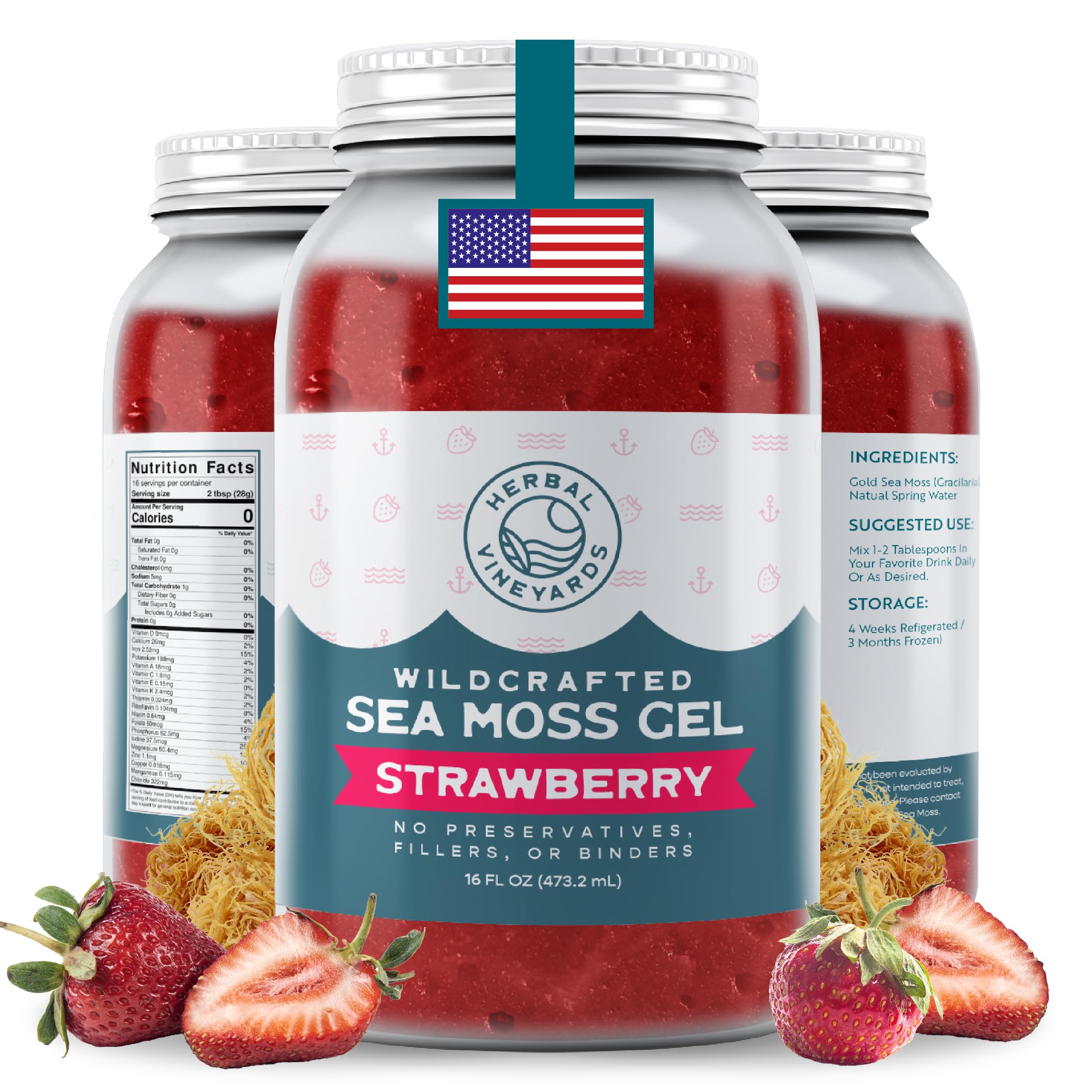 Herbal Vineyards Wildcrafted Irish Strawberry Sea Moss Gel 16 Oz - Organic Seamoss Gel Made with Dried Seaweed & Fresh Sea Vegetables, Natural & Plant-Based, Harvested in Pristine Waters, USA
