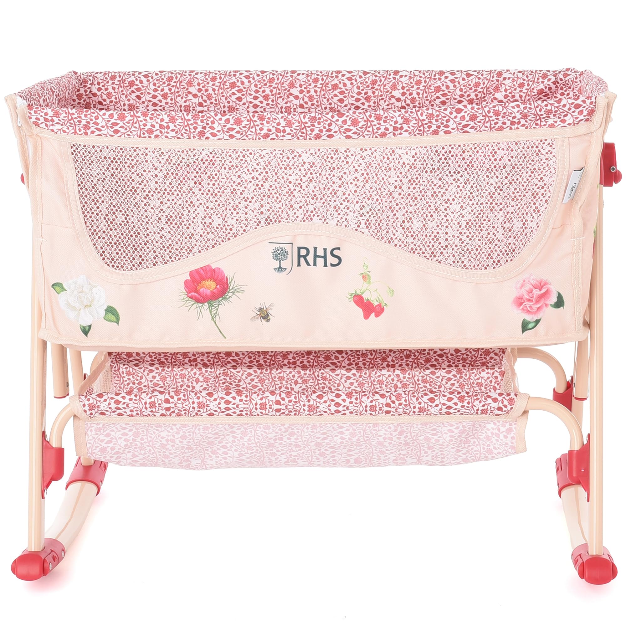 Roma RHS Dolls Bedside Crib - Flora Collection, Cream with Berry Red Accents, Adjustable Height 43-57cm, Dolls Up to 45cm