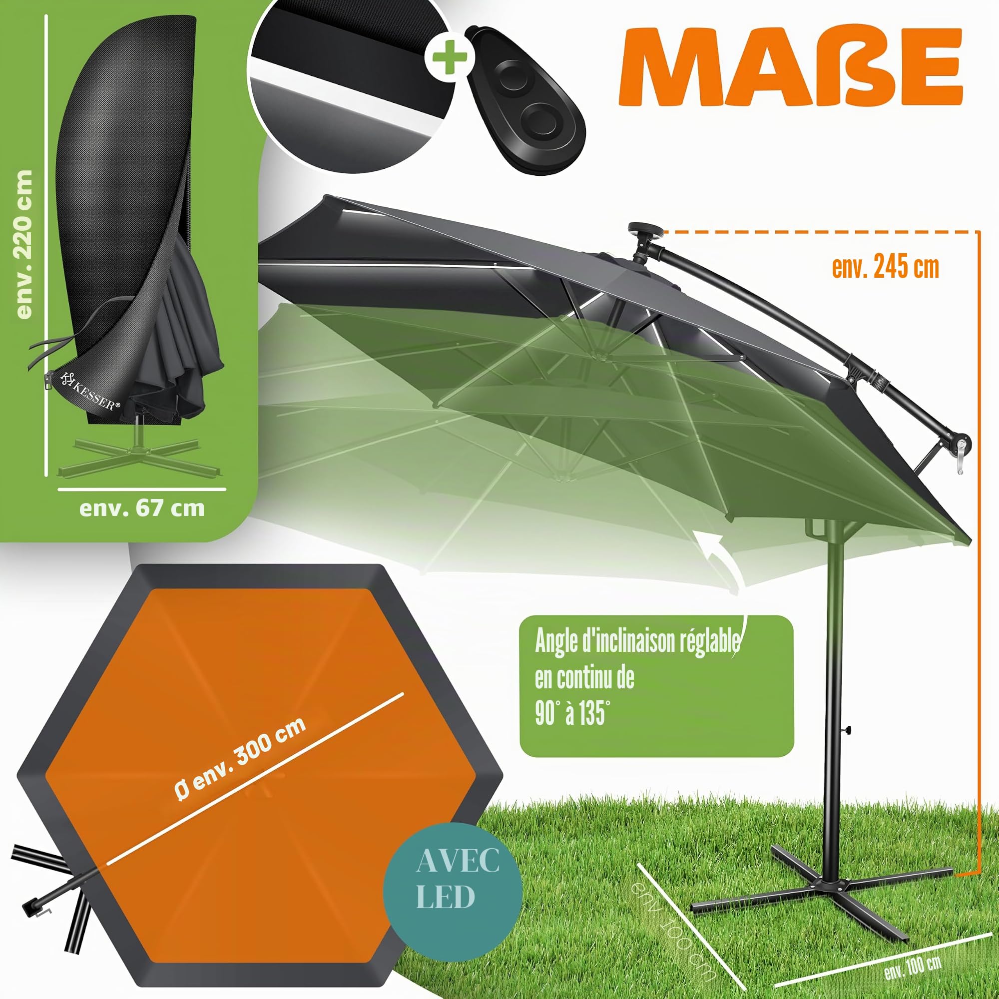 KESSER Parasol solaire LED en aluminium - Diamètre 300 cm - Télécommande, housse, cordes de sécurité - Manivelle, support - 360 ° - Protection UV