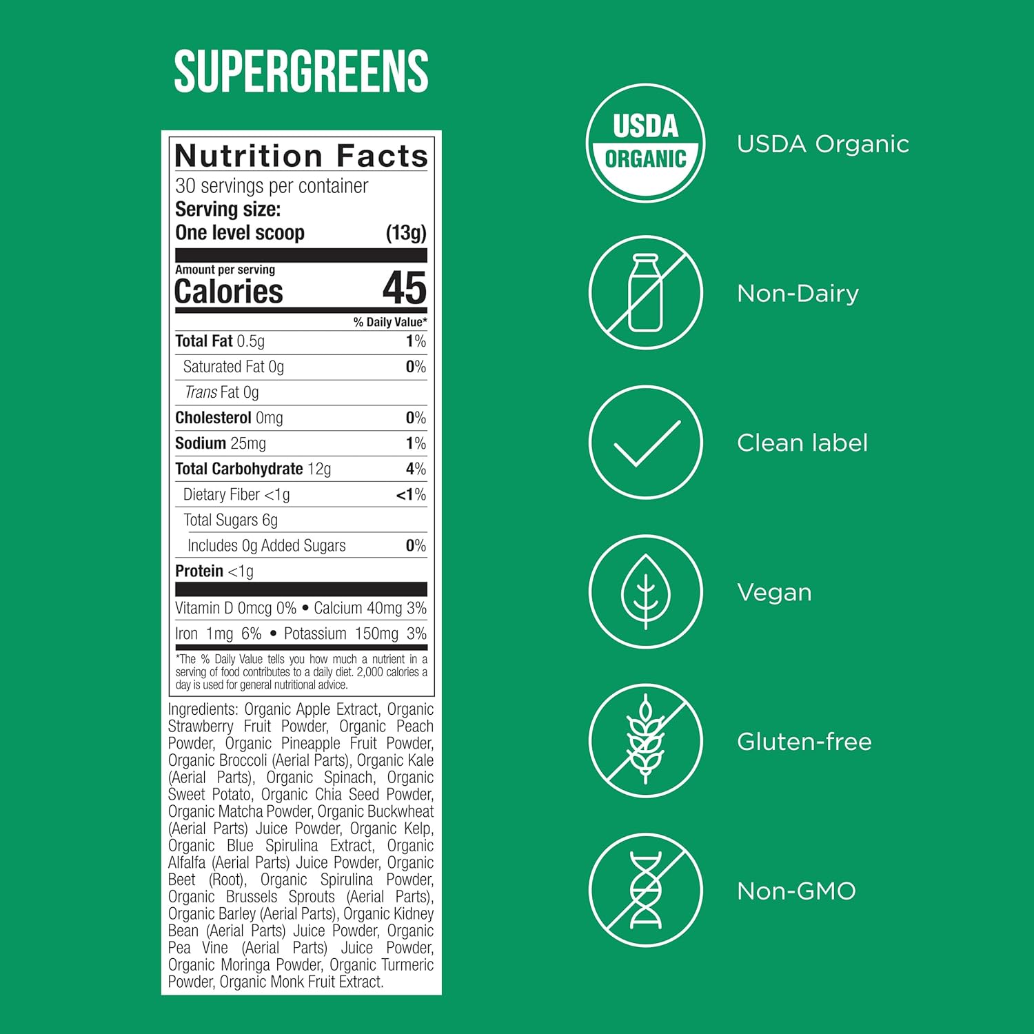 SuperGreens - Potent Superfoods Blend - Plant-Based Antioxidant Support - Greens Powder Supplement & Drink Mix - Non-GMO, Vegan & Gluten-Free - SuperGreens (30 Servings) - Image 2