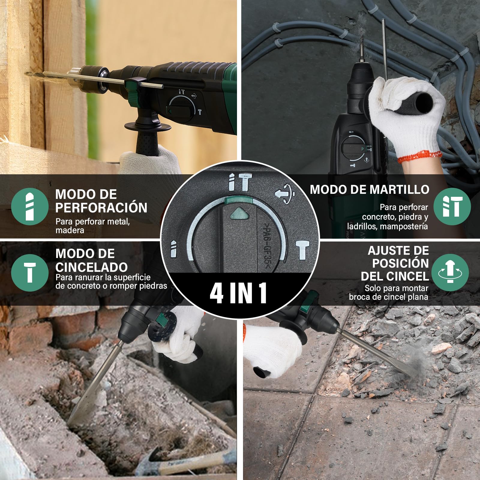 Taladro Percutor con cable SDS Plus 950W STANEW, Martillo perforador con 0-1150RPM/5100BPM con 4 funciones y embrague de seguridad, mango giratorio de 360°
