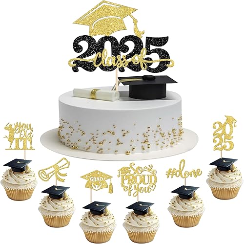 Miniatura 92 de Paquete de 24 adornos dorados para cupcakes de graduación 2025 con purpurina So Proud of You Done Diploma Graduation Cap Cupcake Picks Class of 2025