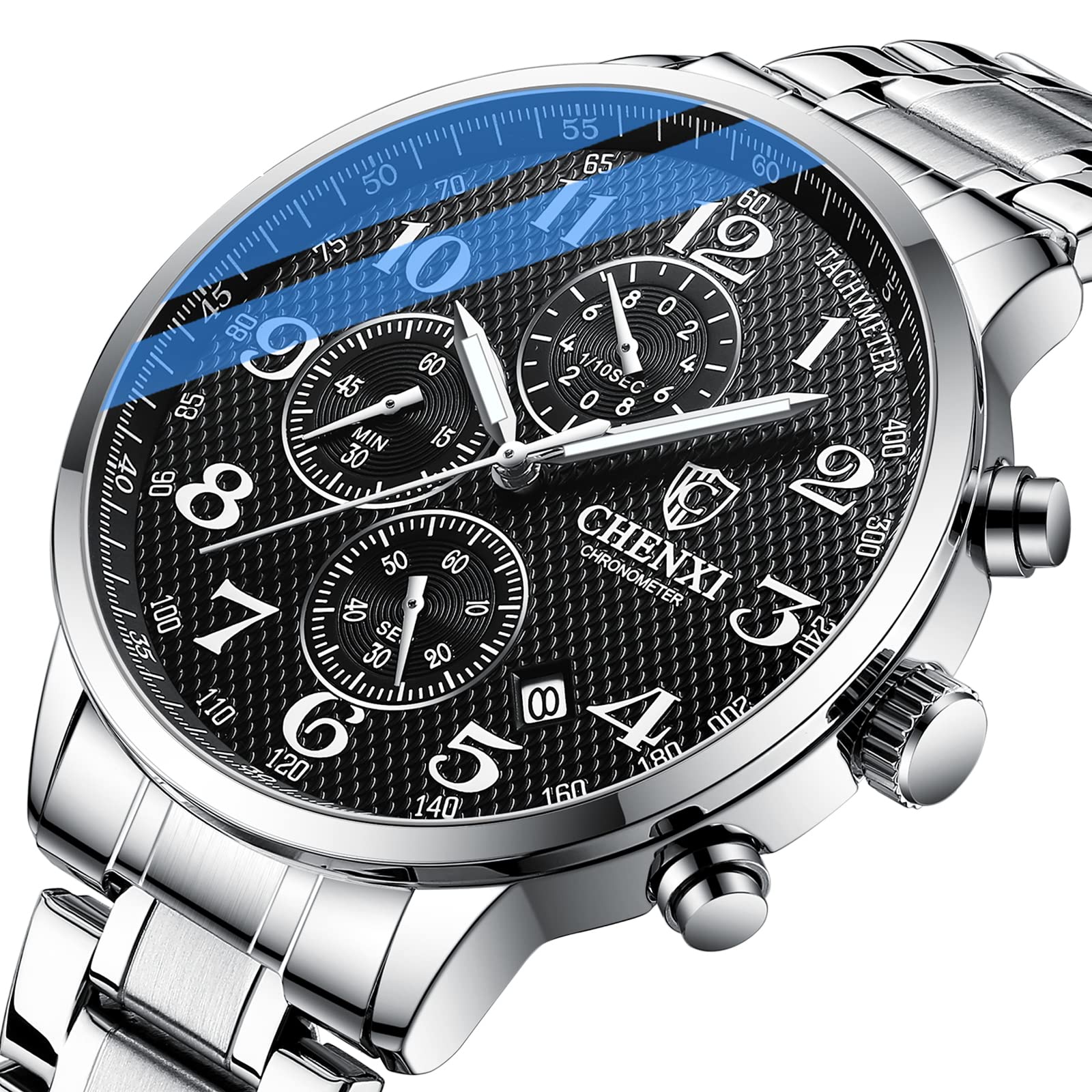 FANMIS Men's Luxury Analog Quartz Watch Luminous IP Gold Plating Stainless Steel Black Dial with Rhinestones Multifunctional Business Dress Wrist Watch (X White Black g)