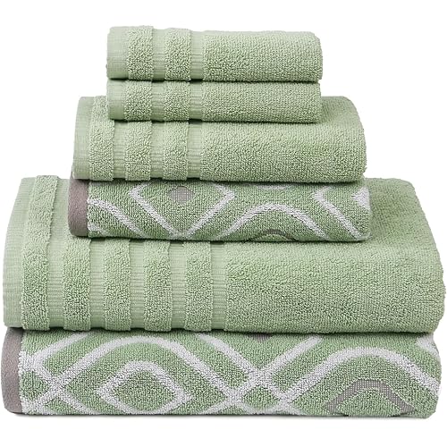 Modern Threads Oxford 6-Piece 100% Cotton Towel Set – Yarn Dyed Jacquard & Solid – Includes 2 Bath Towels, 2 Hand Towels, 2 Washcloths – Absorbent, Quick Dry, Soft & Durable – Sage Green