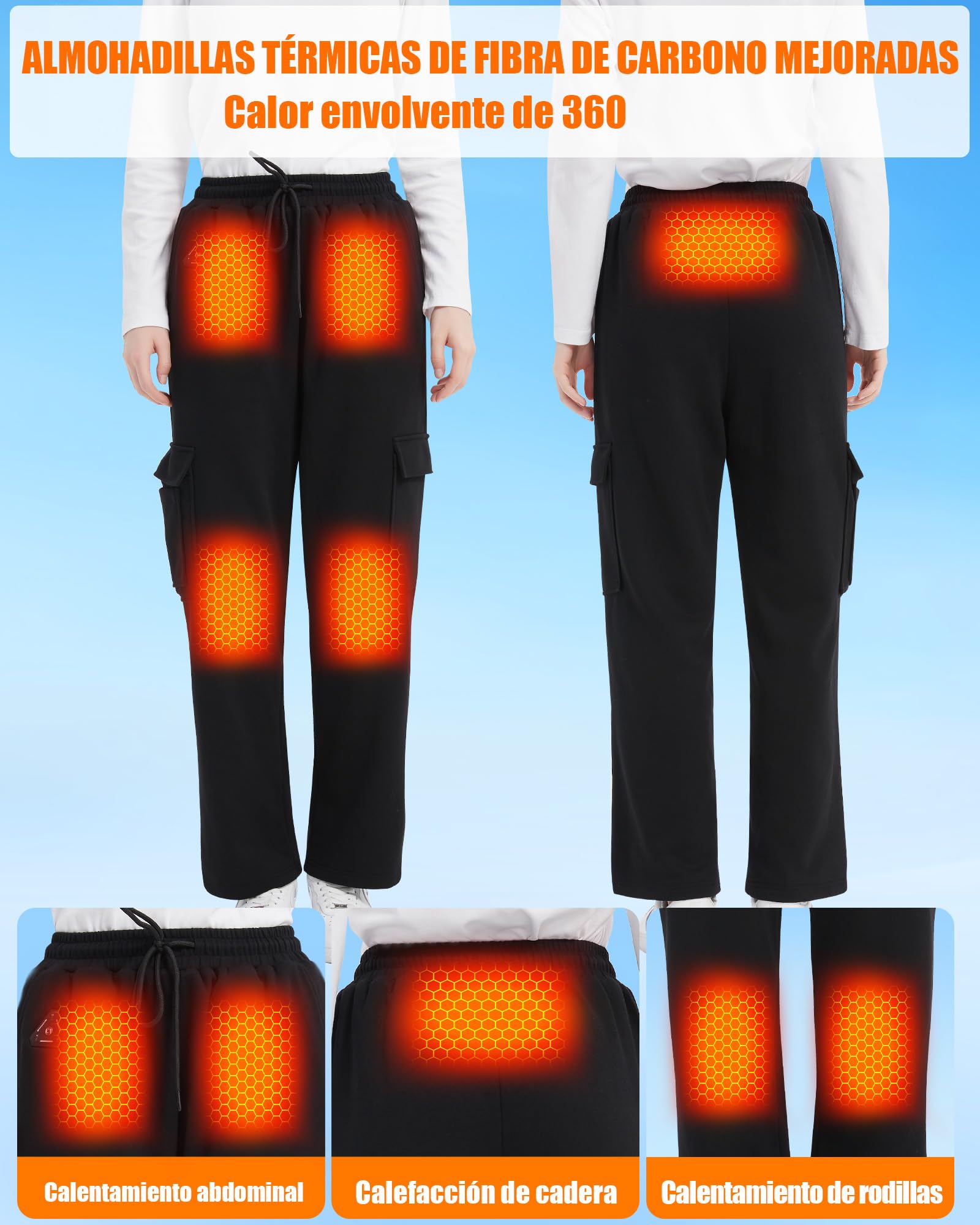 Pantalones Calefactables Hombre Mujer Batería 7,4V 10000mAh 5 Zonas Calor Fibra Carbono