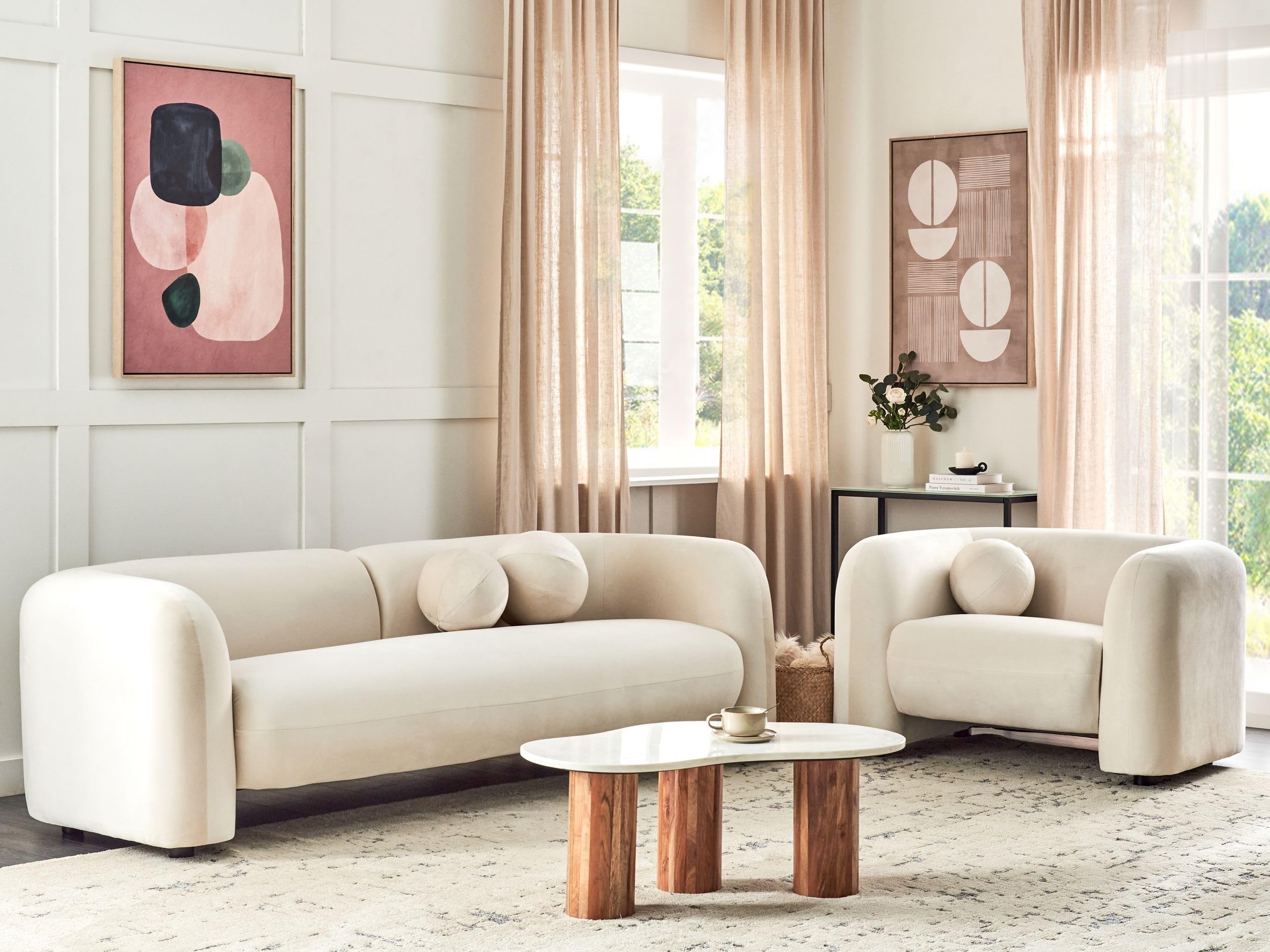 Sofa Set Samtstoff creme wieß 4-Sitzer Dekokissen Wohnzimmergarnitur Leiren