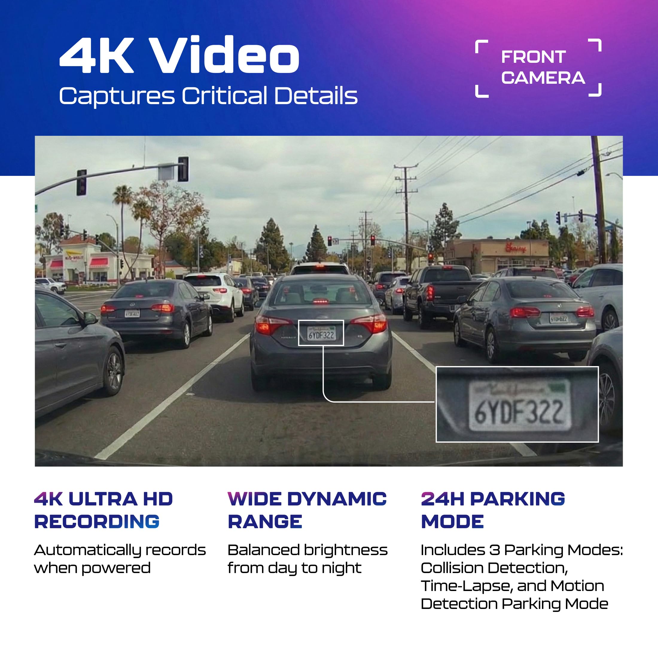 AZDOME GS63H Pro 4K Dashcam Voiture Avant Arrière, Caméra Embarquée WiFi 6 GPS avec Carte SD 64Go, 4K+1080P, Vision Nocturne WDR, Mode Parking 24H, G-Capteur, Enregistrement Boucle（Noir Mat）