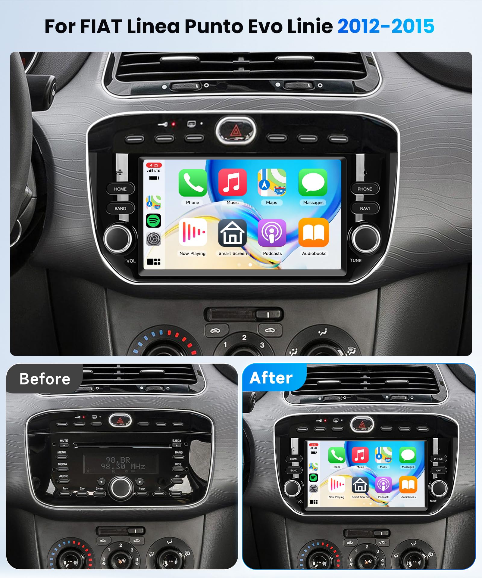 4G+64G Rimoody Android Autoradio per FIAT Linea Punto Evo 2012-2015 7 Pollici HD Stereo Auto con Wireless Carplay Android Auto Navi GPS Mirror Link Bluetooth WiFi/FM/RDS/EQ/SWC Telecamera Posteriore
