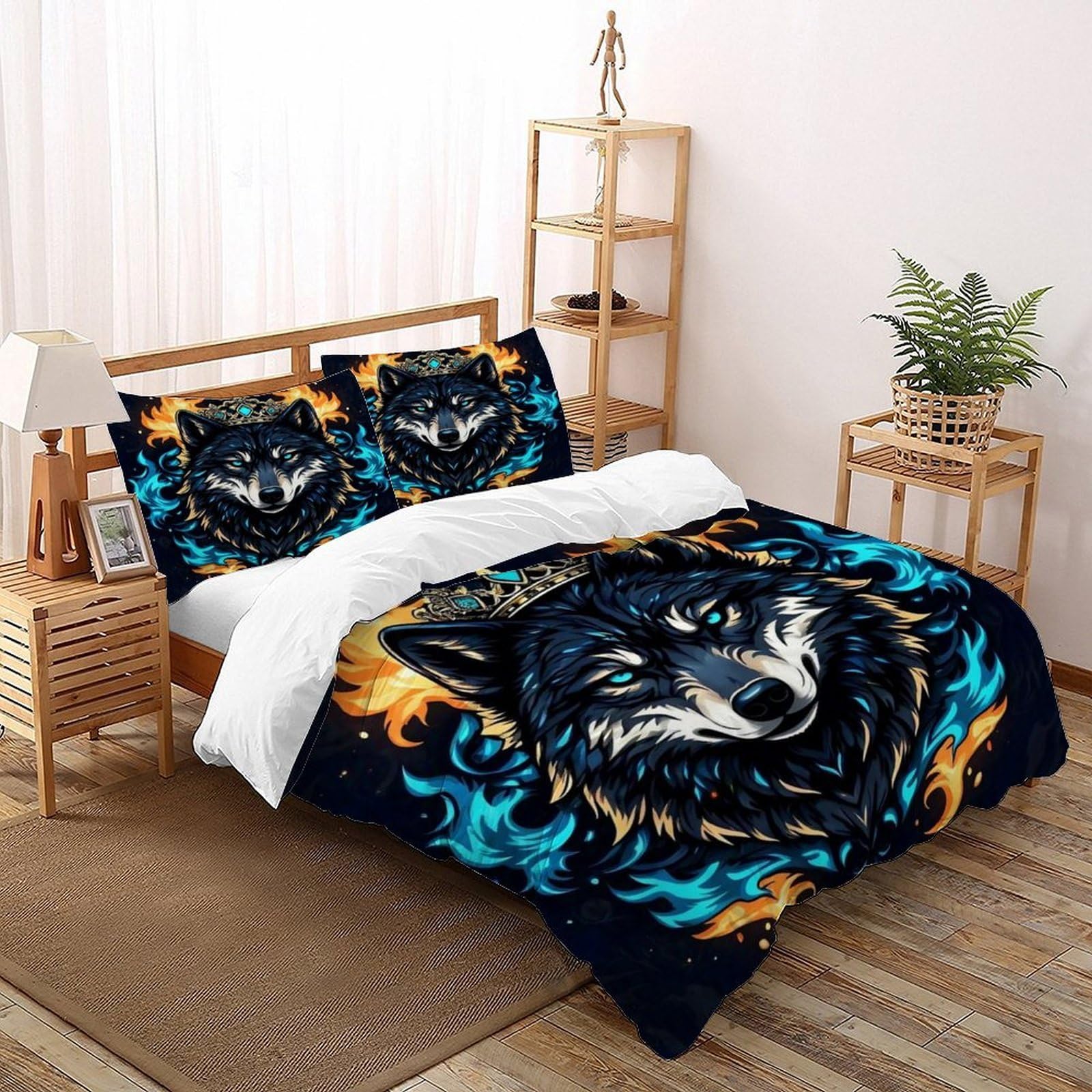 Crowns Wolves Bedding Set Theme Bedspread Animal Theme Duvet Cover Set Chic Breathable Comforter Cover for Boys&Girls with Pillowcase Double（200x200cm）