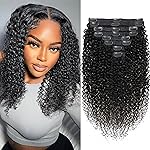 Kinky Curly Clip in Hair Extensions Real Human hair For Women Brazilian Virgin 3c 4a Curly Clip ins Human Hair Extensions (16inch,1B)