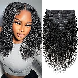 Kinky Curly Clip in Hair Extensions Real Human hair For Women Brazilian Virgin 3c 4a Curly Clip ins Human Hair Extensions (16inch,1B)