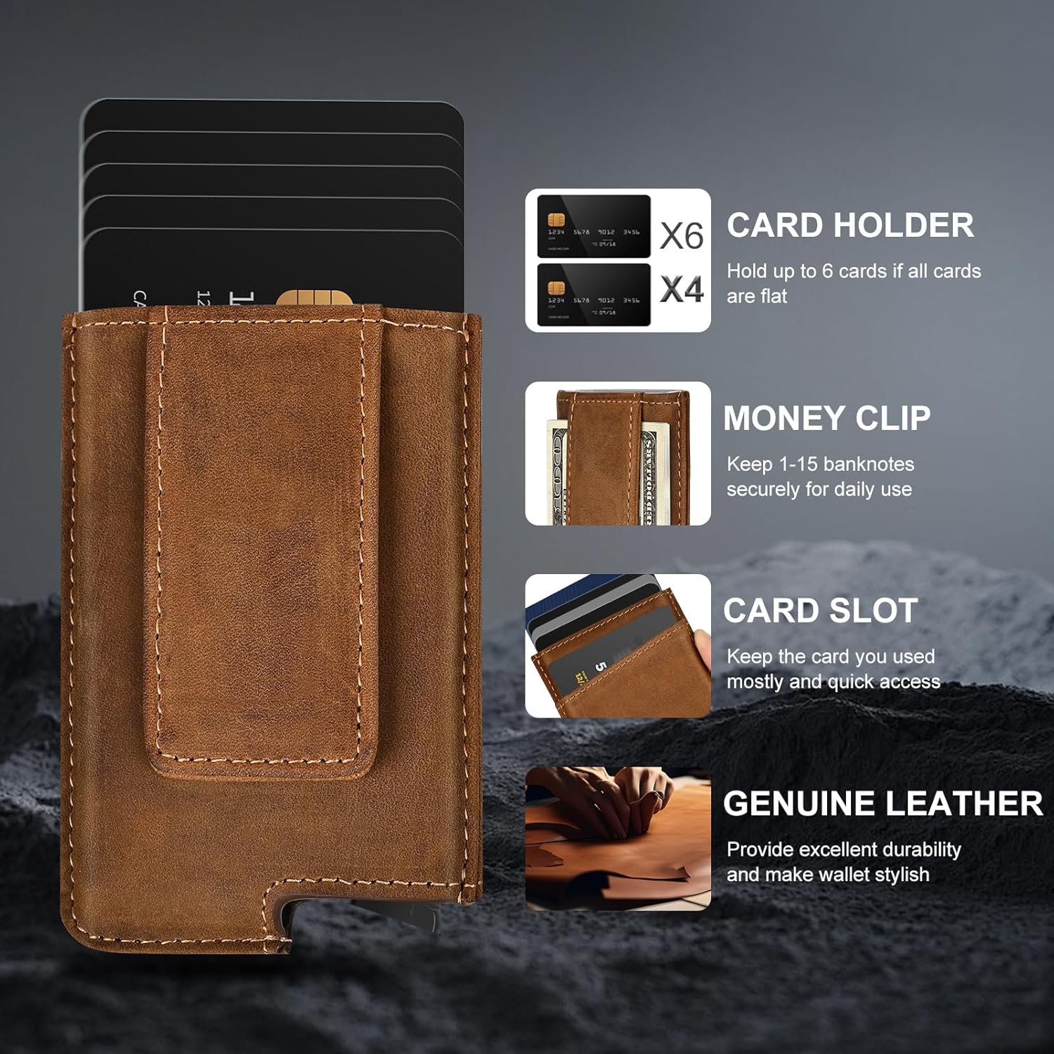 Dinghao RFID Blocking Slim Money Clip Aluminum Wallet Automatic Pop-up Card Case (Texas Brown) - Image 3