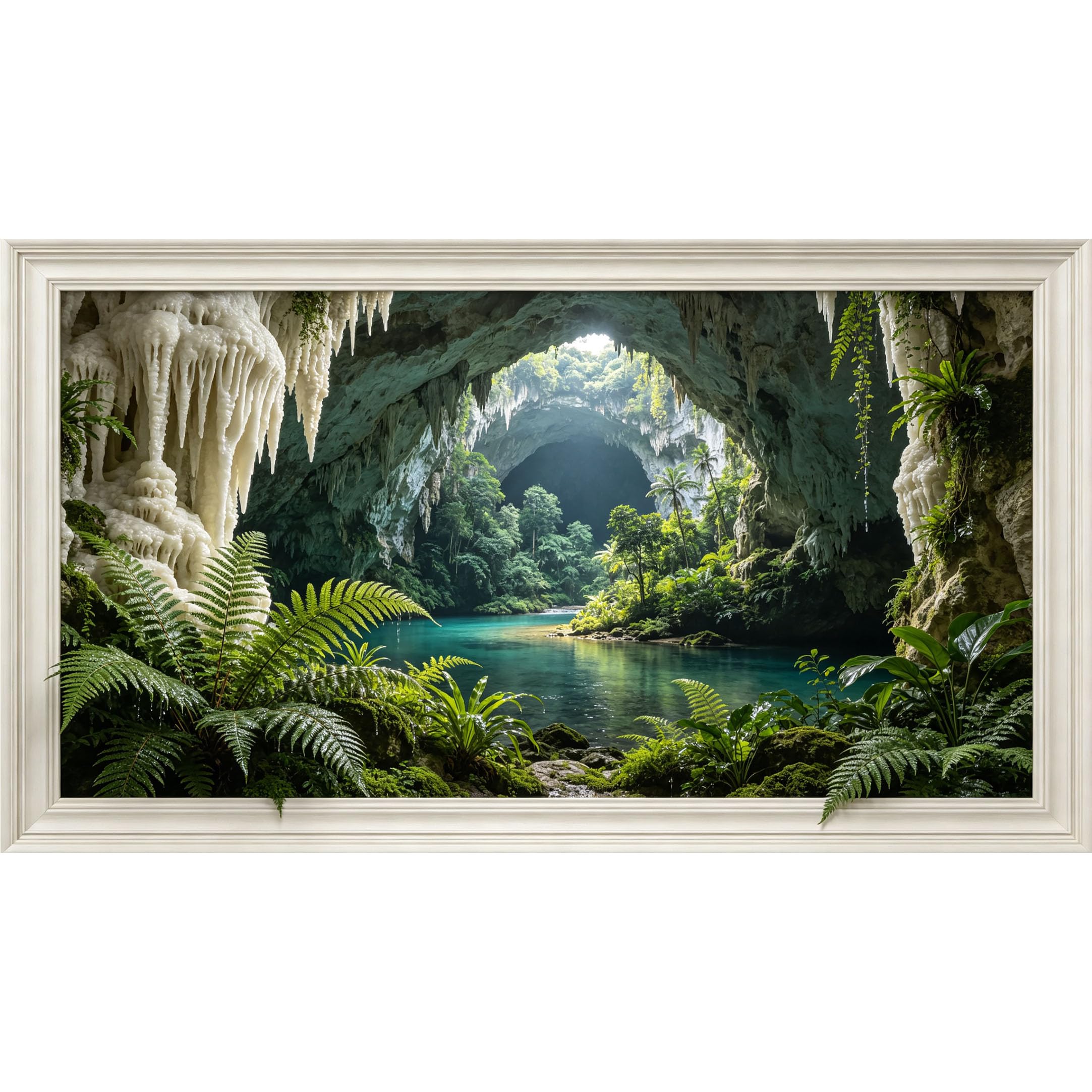 QZLITHOTIC 50x90cm3D Framed Wall Art， Tropical Cave Lagoon Landscape Self‑Adhesive Mural， Water‑Activated Peel & Stick Fabric Decor Wall Decal for Bedroom Living Room