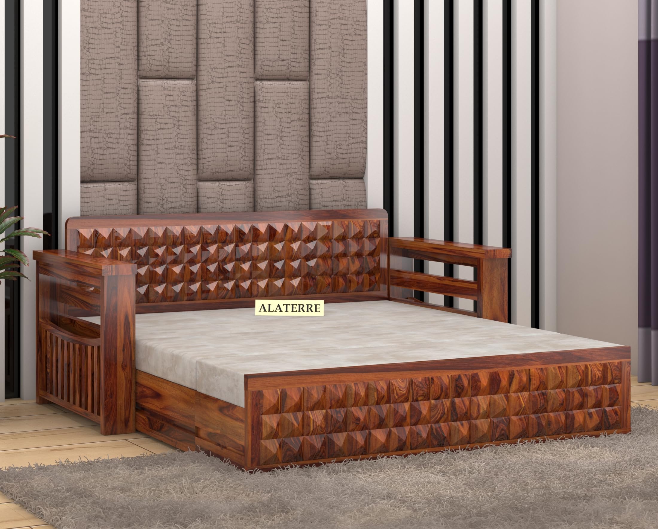 ALATERRE HOME FURNITURE Sheesham Wood 3 Seater Sofa Cum Bed for Home, Sofa Cum Bed with Storage, Comfort Sofa Cum Bed Foldable, Modern & Unqiue Sofa Cum Bed, Honey Finish