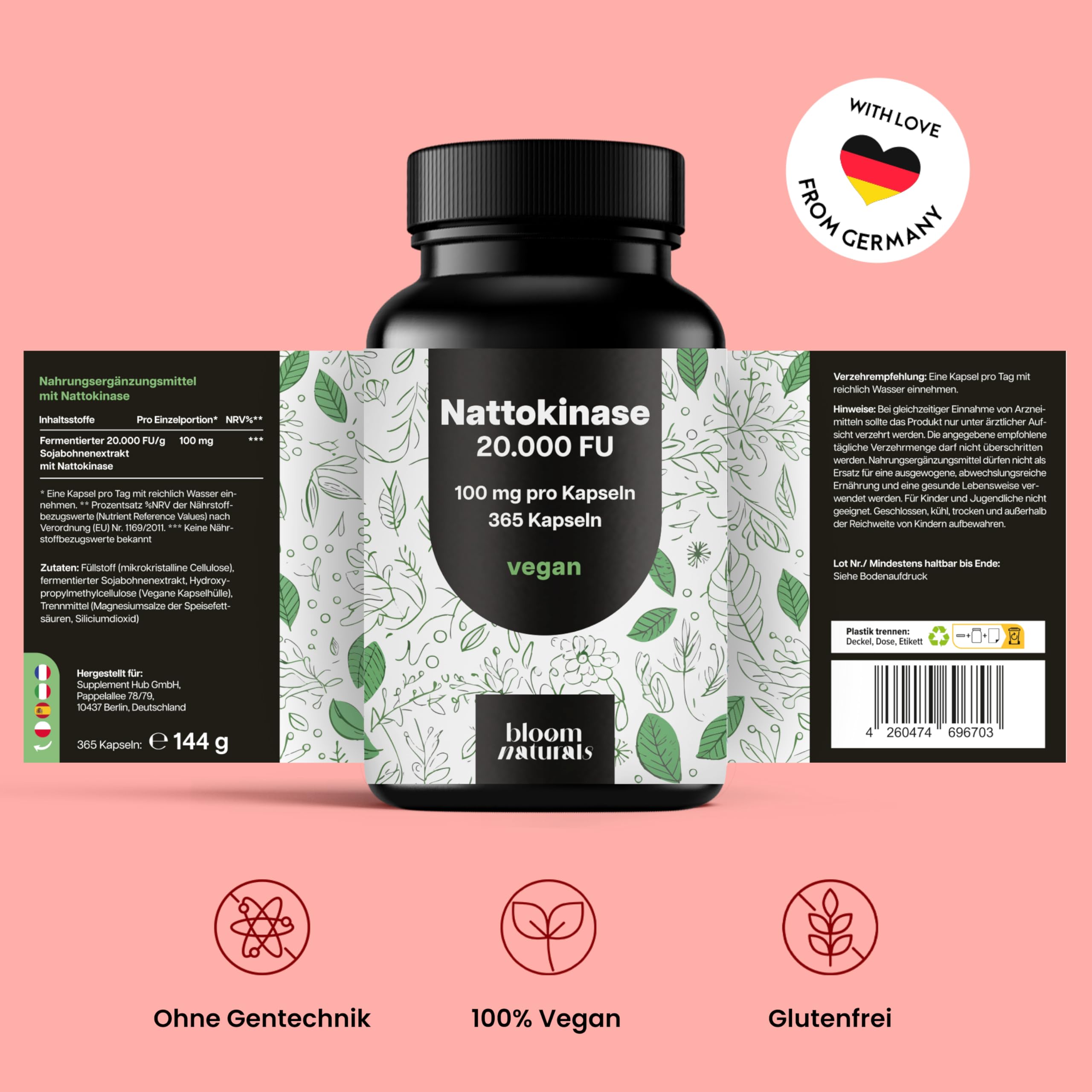 Nattokinase hochdosiert - 365 Kapseln - 20.000 FU pro Tagesdosis, vegan & produziert in Deutschland - Verpackung kann variieren Laborgeprüft