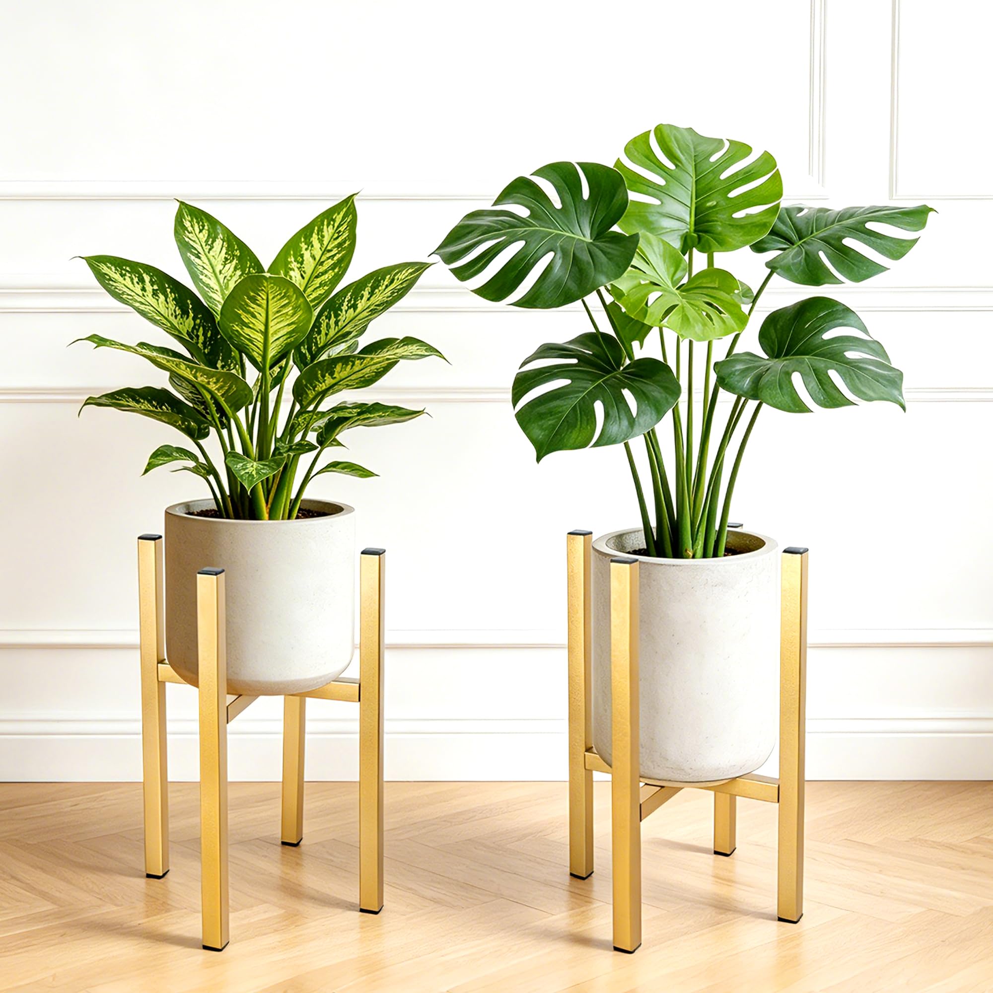 CAWABOCY 2 Pack Gold Plant Stand Indoor with Trays,Adjustable Metal Mid Century Flower Pot Stand for 2 Height Options,Heavy Duty Plant Stands Holder Rack for 9 to 15 Inch Pots,Garden Gifts Home Decor