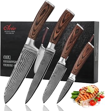 Wakoli EDIB Damascus Knife Set, VG10 High Carbon Stainless Steel, 4-Piece | Carving, santoku, small santoku, and paring knives with 67-layer Damascus blades and ergonomic pakkawood handles, knives set.