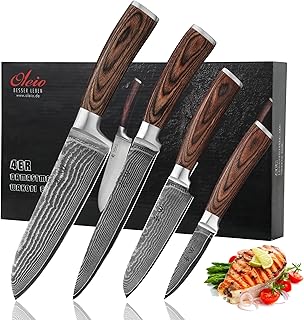 Wakoli EDIB Set di coltelli in acciaio damasco da 4 pezzi in un raffinato cofanetto I Set di coltelli da cucina affilati in vero acciaio damasco a 67 strati con manico ergonomico in Pakkawood