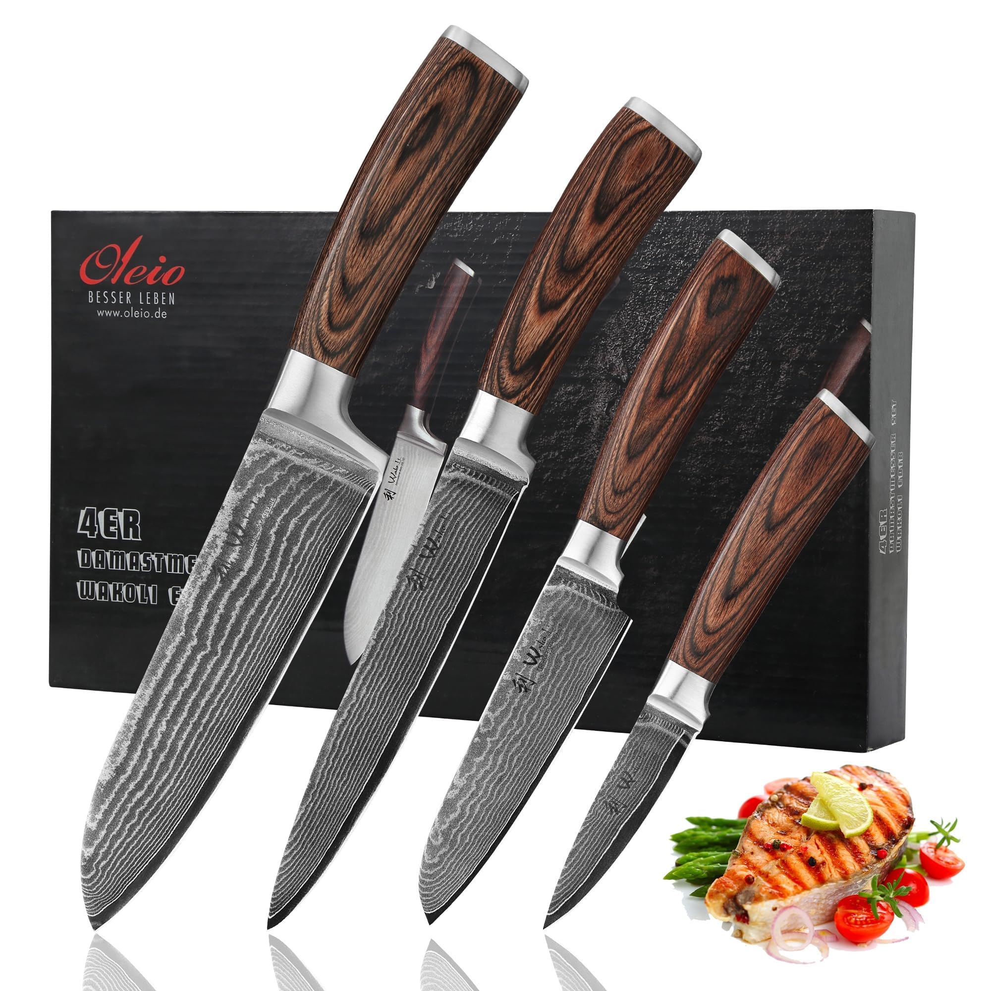 Wakoli Zestaw Noży, Stal Damasceńska, Sebrny, 29/19 cm, 2-Częściowy | Z Santoku 17 cm, nóż do mięsa 18 cm, mały Santoku 12 cm i nóż biurowy 8,5 cm z 67 warstw stali damasceńskiej z rdzeniem VG10