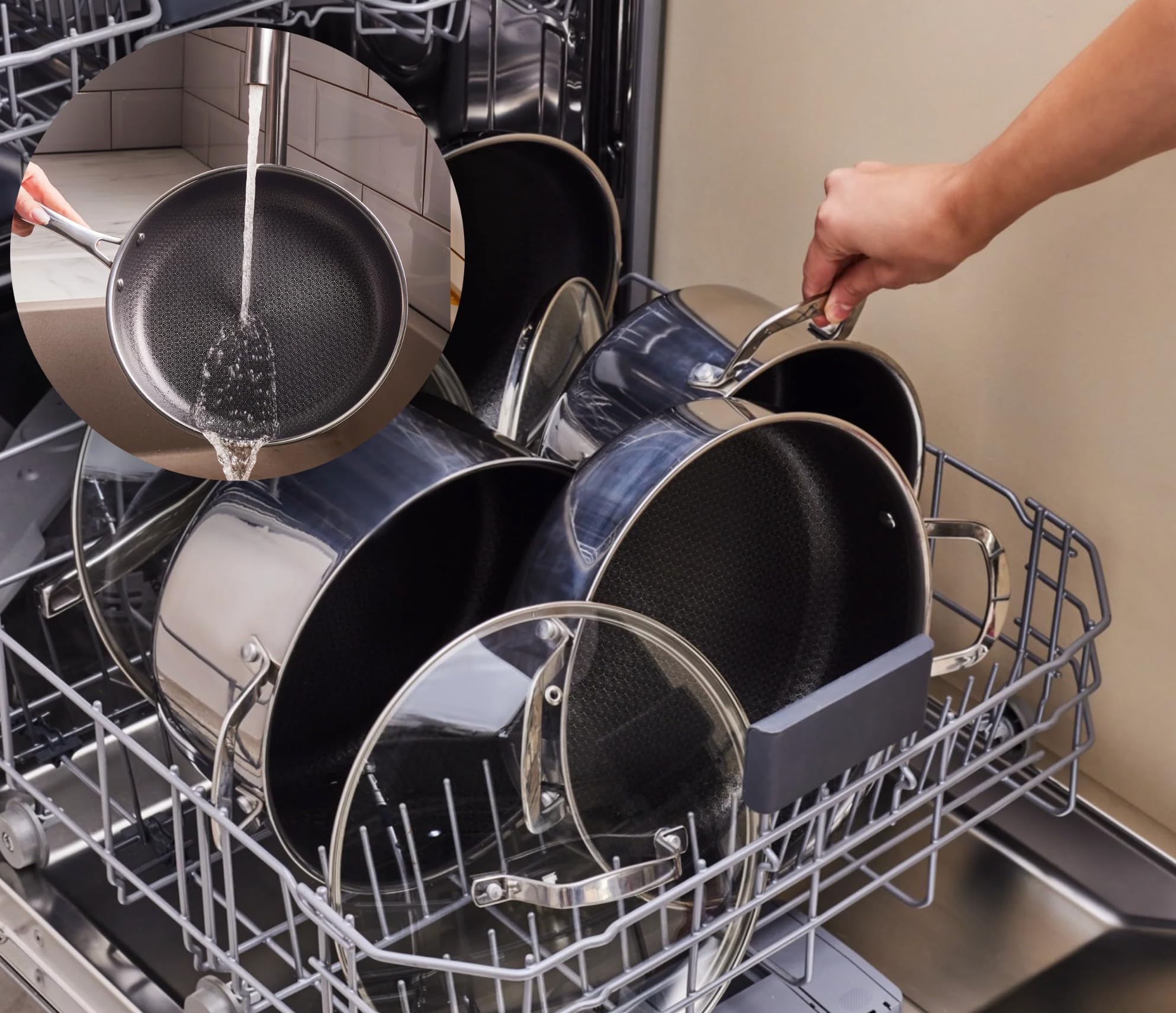 Royal Swiss Pfannenset Edelstahl 12-teilig, Kochgeschirrset mit Honeycomb Antihaftbeschichtung, 3 Töpfe, 3 Pfannen, Wok, Glasdeckel, Induktion Gas Elektro Ceran, sets cookwear, non stick toxic, cool