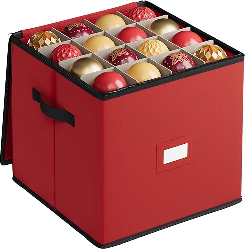 SONGMICS Caja de almacenamiento de adornos navideños, 3 pulgadas 64 ranuras, contenedor de almacenamiento de Navidad apilable con tapa, cremalleras
