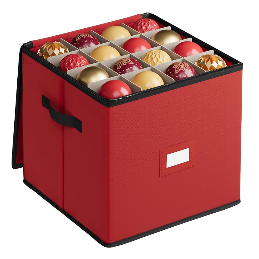 SONGMICS Contenitore per Palline di Natale, 64 Scomparti da 7,6 cm, Scatola Impilabile Decorazioni Natalizie con Coperchio, Doppia Cerniera Lampo, Divisori Regolabili, Rosso Ciliegia RFB036R01