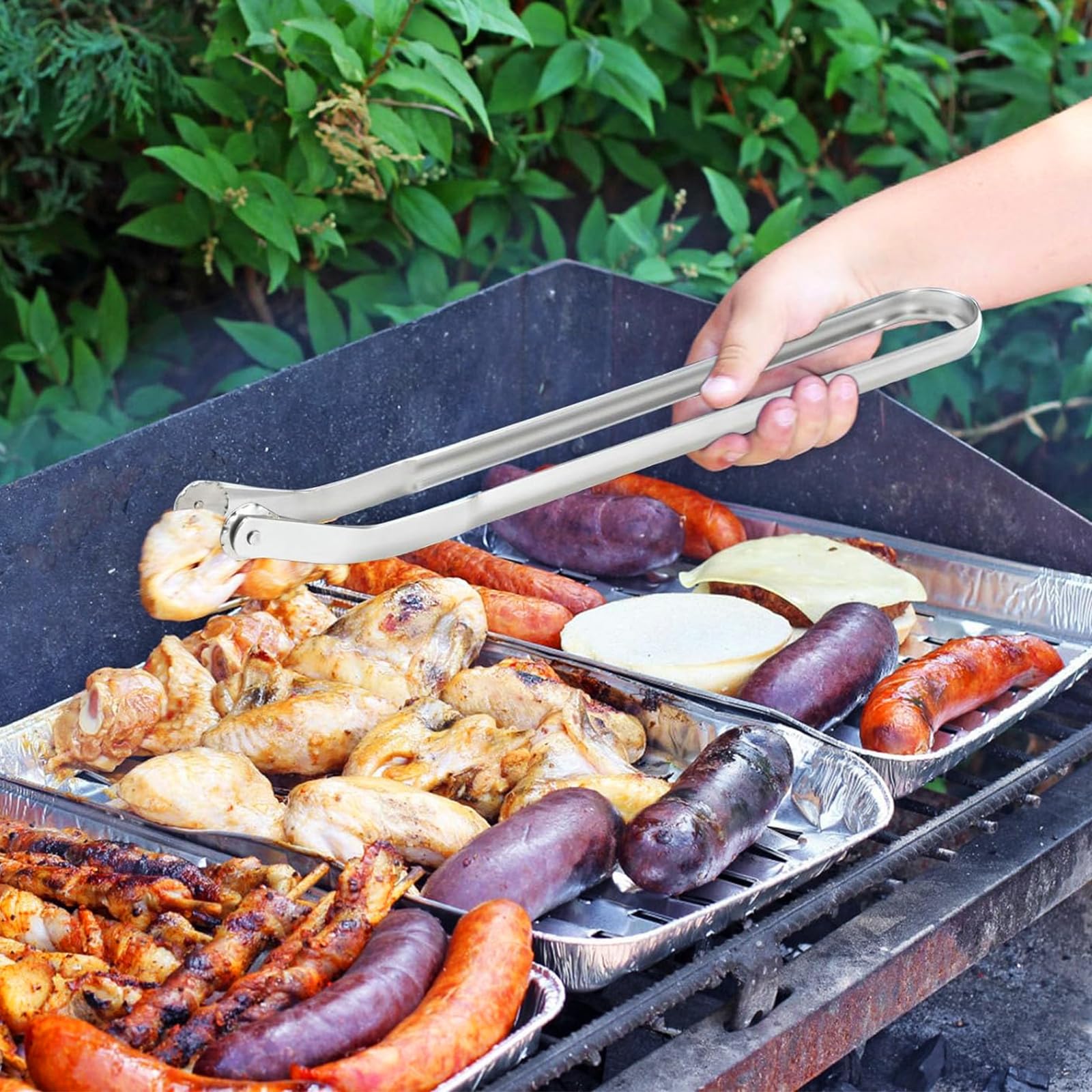 2 stuks barbecue-tang van roestvrij staal met wieltjes, 2024