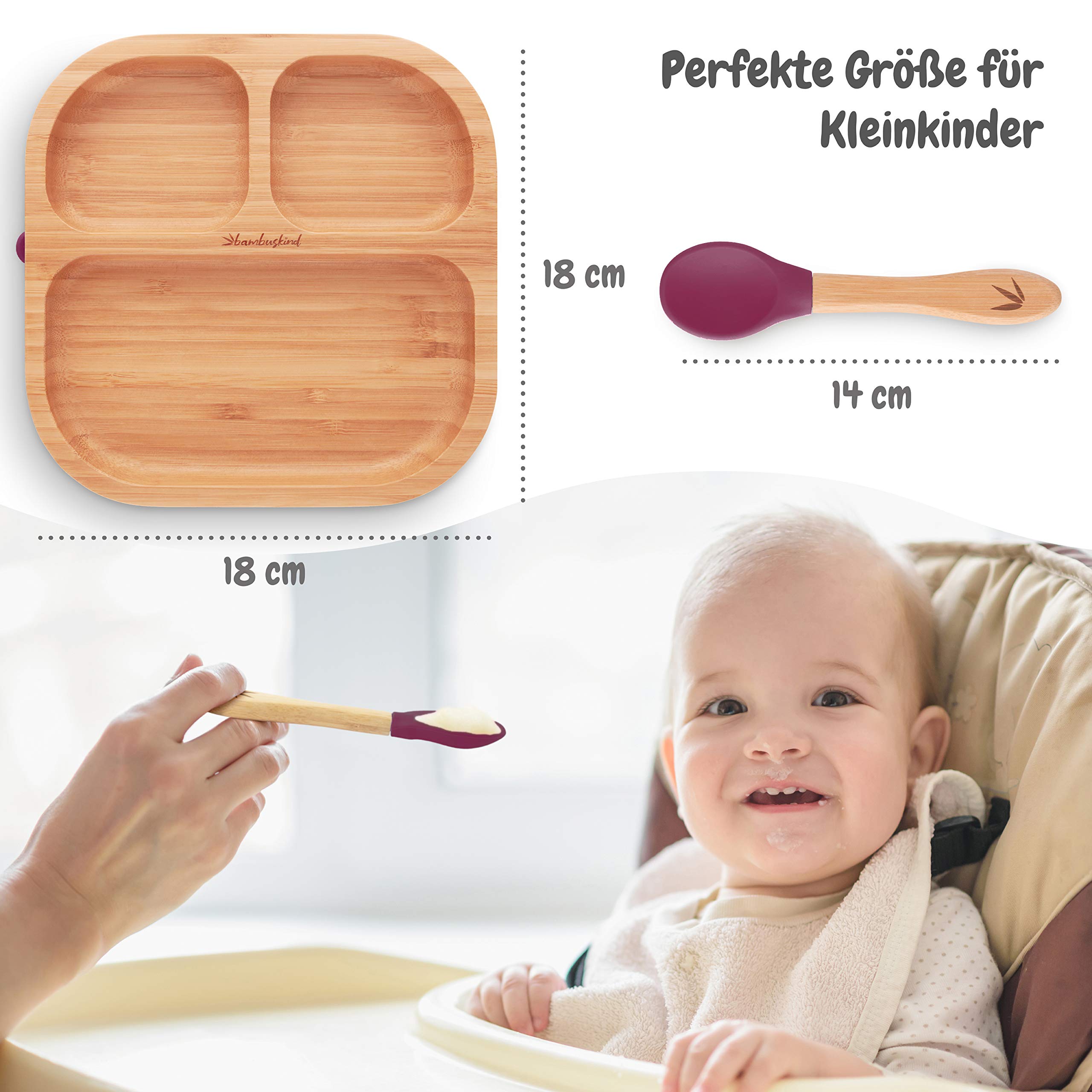 Assiette enfant avec ventouse cerise I Livre de recettes (français non garanti) I Assiette bébé antidérapante en bambou avec cuillère I Set de vaisselle pour apprendre à manger I Sans