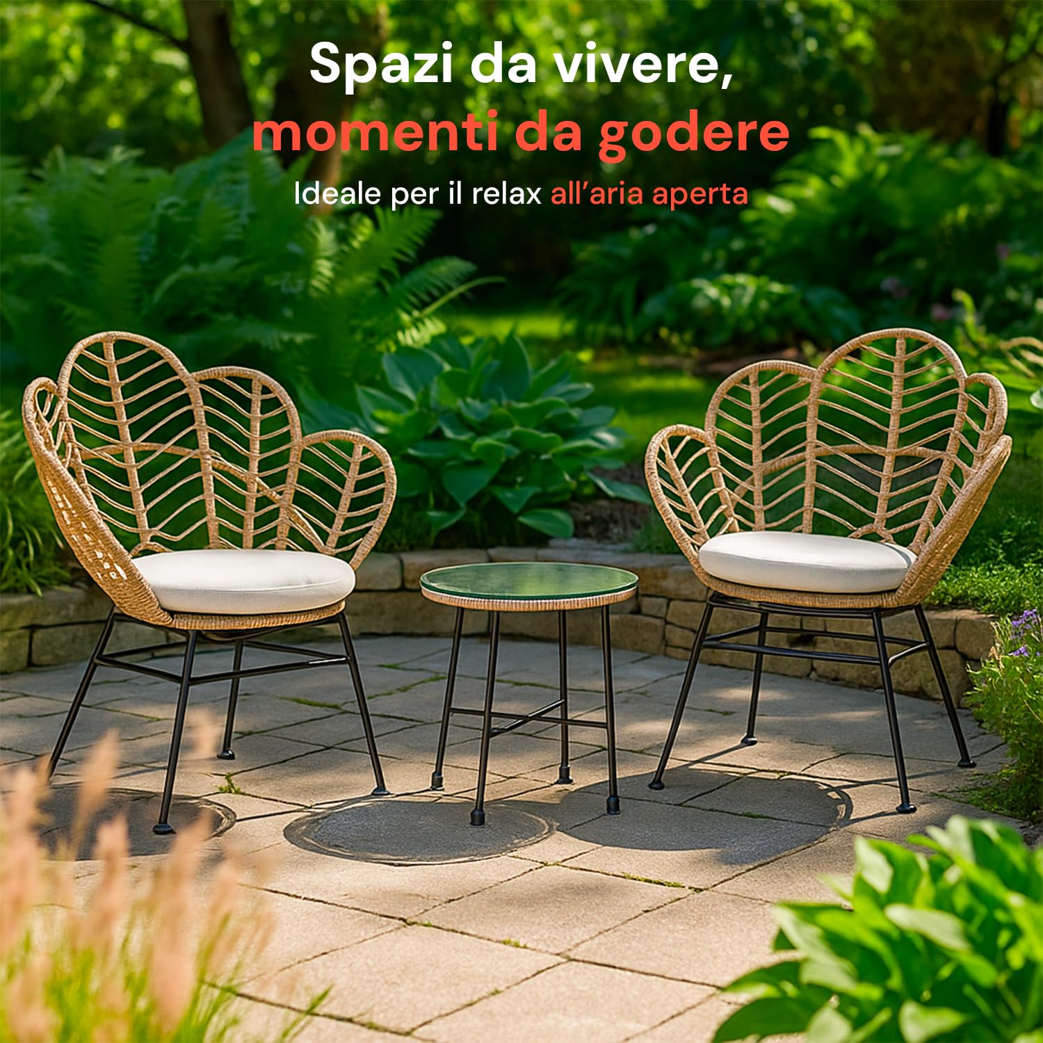 Juego de Mesa y sillas de Exterior de ratán sintético Natural con Estructura de Acero y Mesa con Cristal Templado, Juego de jardín Exterior para balcón, terraza o Patio