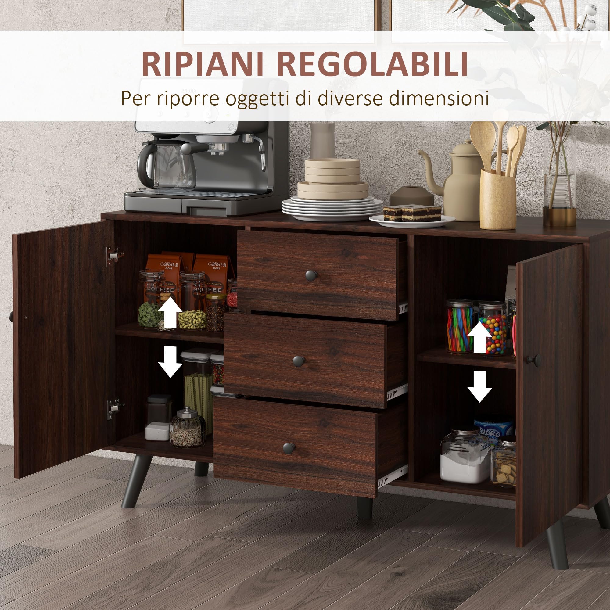 HOMCOM Credenza Moderna con 2 Armadietti e 3 Cassetti, Marrone e Nero | per Soggiorno, Sala da Pranzo e Ingresso in Legno e Truciolato, Mobile Contenitore, 127x40x76 cm
