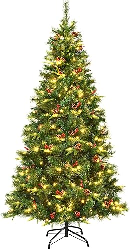 Miniatura 1 de Goplus Árbol de Navidad artificial preiluminado de 7 pies, árbol de Navidad con bisagras con 350 luces LED blancas cálidas, conos de pino, bayas