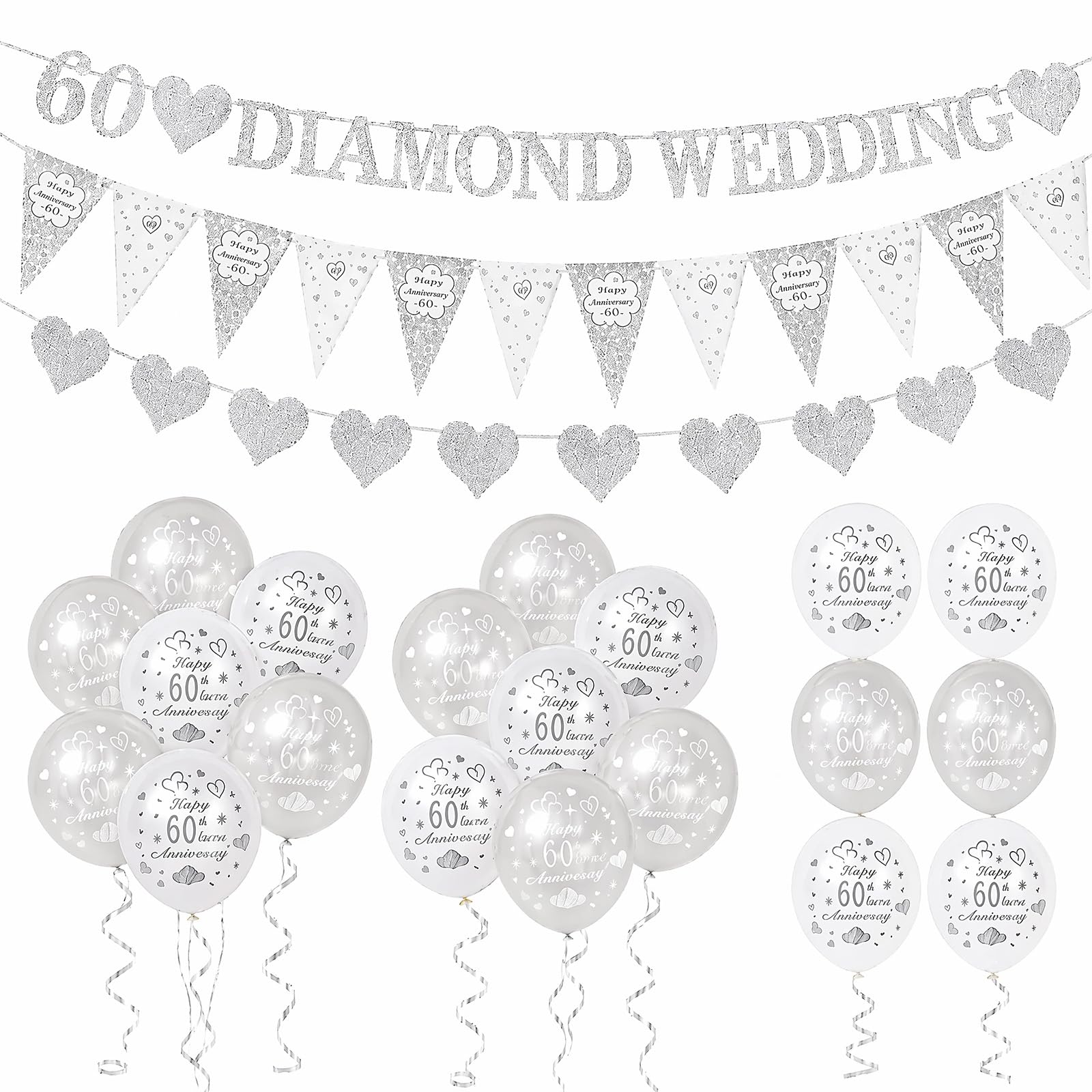 60th Wedding Anniversary Decorations, Diamond Wedding Anniversary Decorations Including White and Silvery Balloon Heart Shaped Triangular Banners Flags for 60th Wedding Party Decorations (Silver-60th)