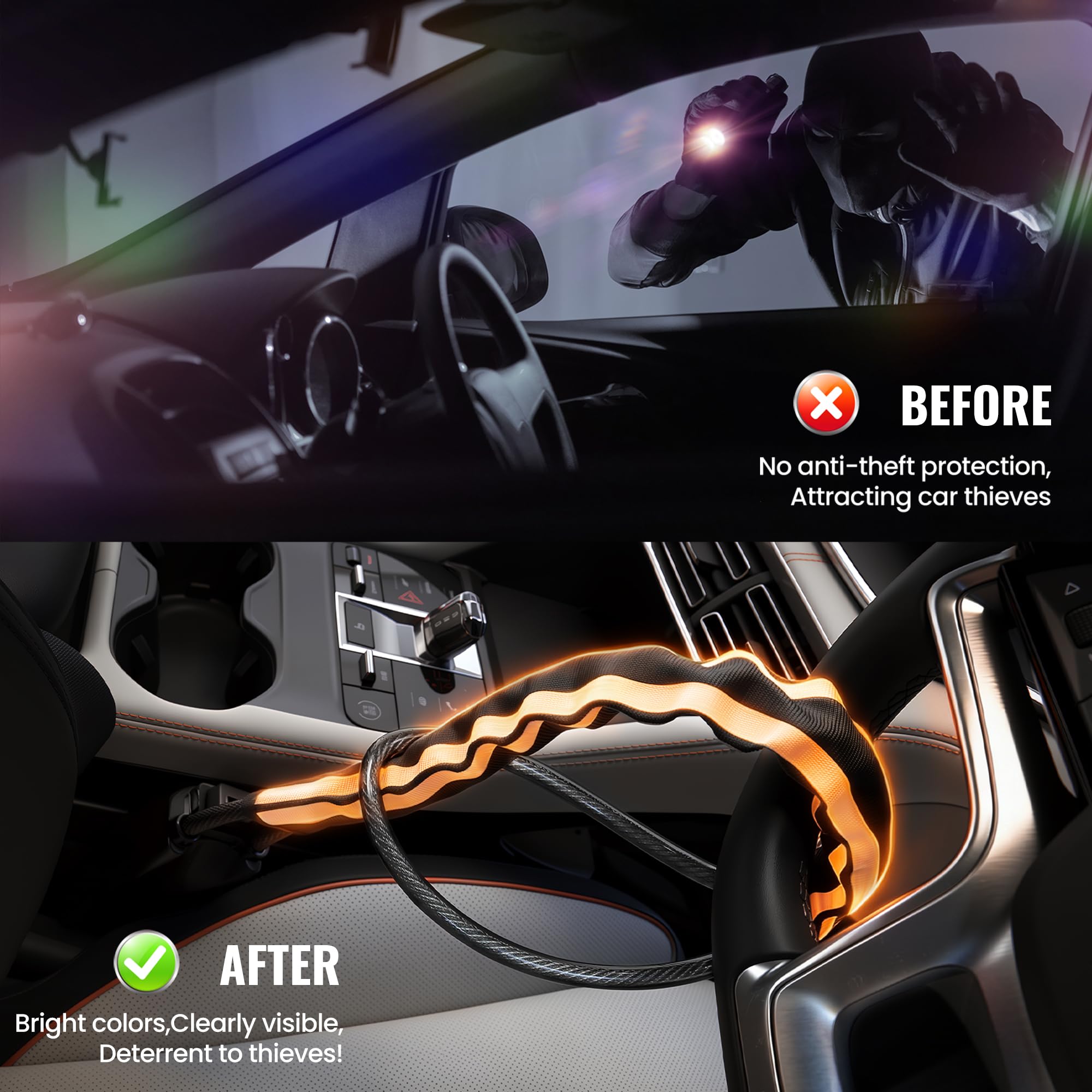 Upgraded Reflective Stripe Steering Wheel Lock,Seat Belt Lock,Metal Head,Heavy Duty Universal Car Lock Steering Wheel,High Visibility Car Locks Anti-Theft Device,3Keys (Orange) — view 4