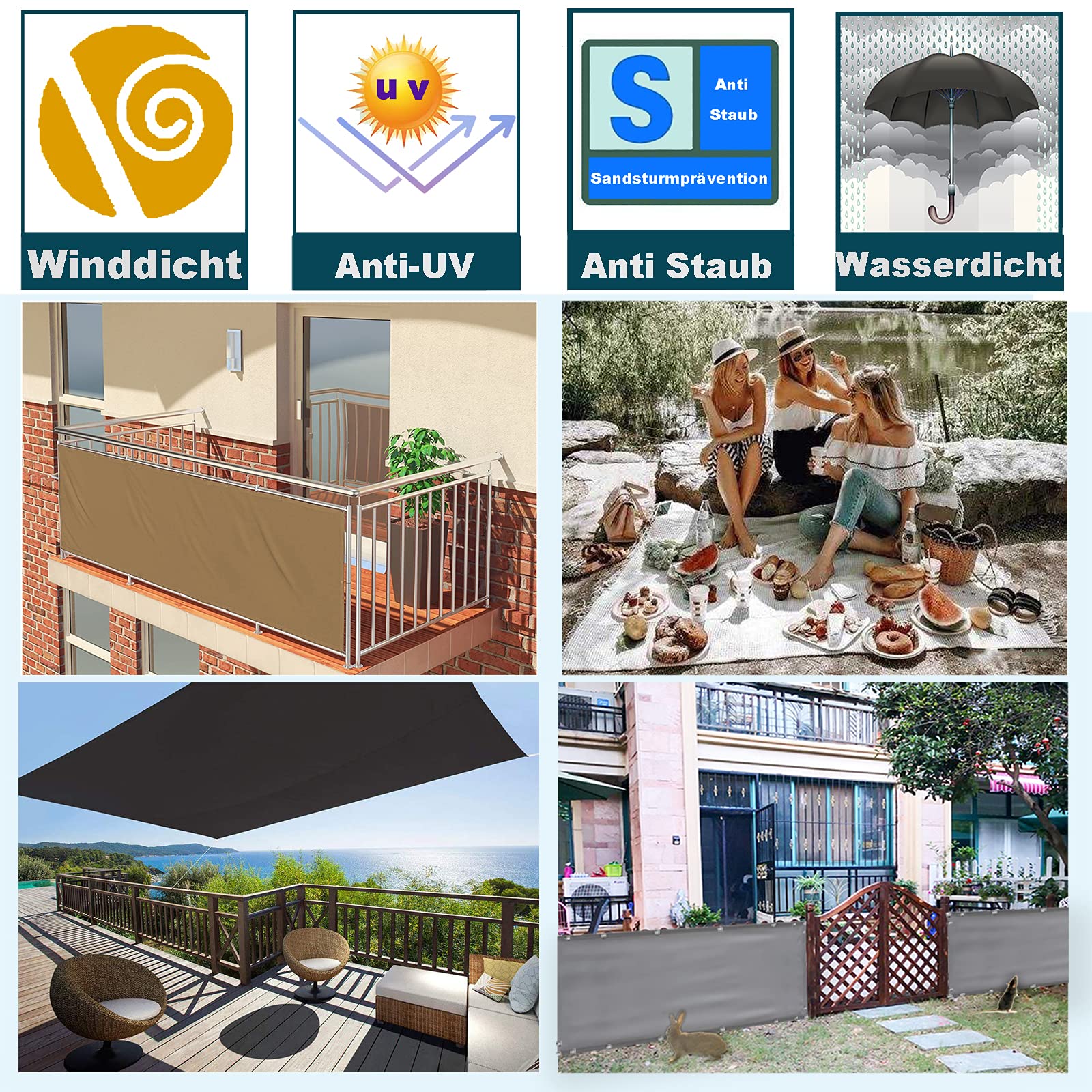 Balkon Sichtschutz Balkon 70x250cm seitenmarkise Balkonabdeckung Balkonverkleidung Wind-und UV-Schutz Wetterfest mit Kabelbinder Ösen Seil, für Balkongeländer, Terrasse & Garten Sandfarbe