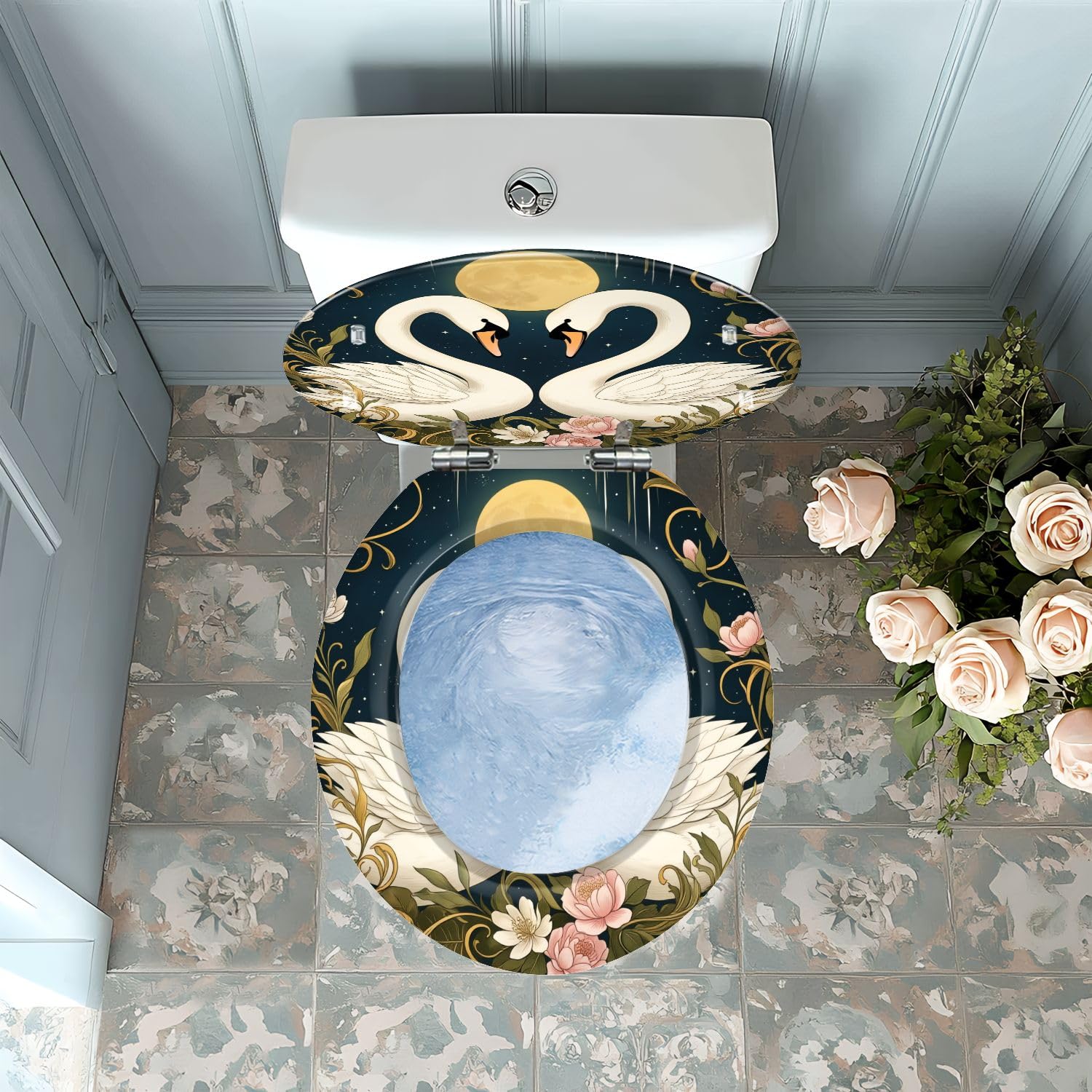 Asiento de inodoro redondo de resina con cierre suave, liberación rápida y fácil limpieza. Diseño floral.