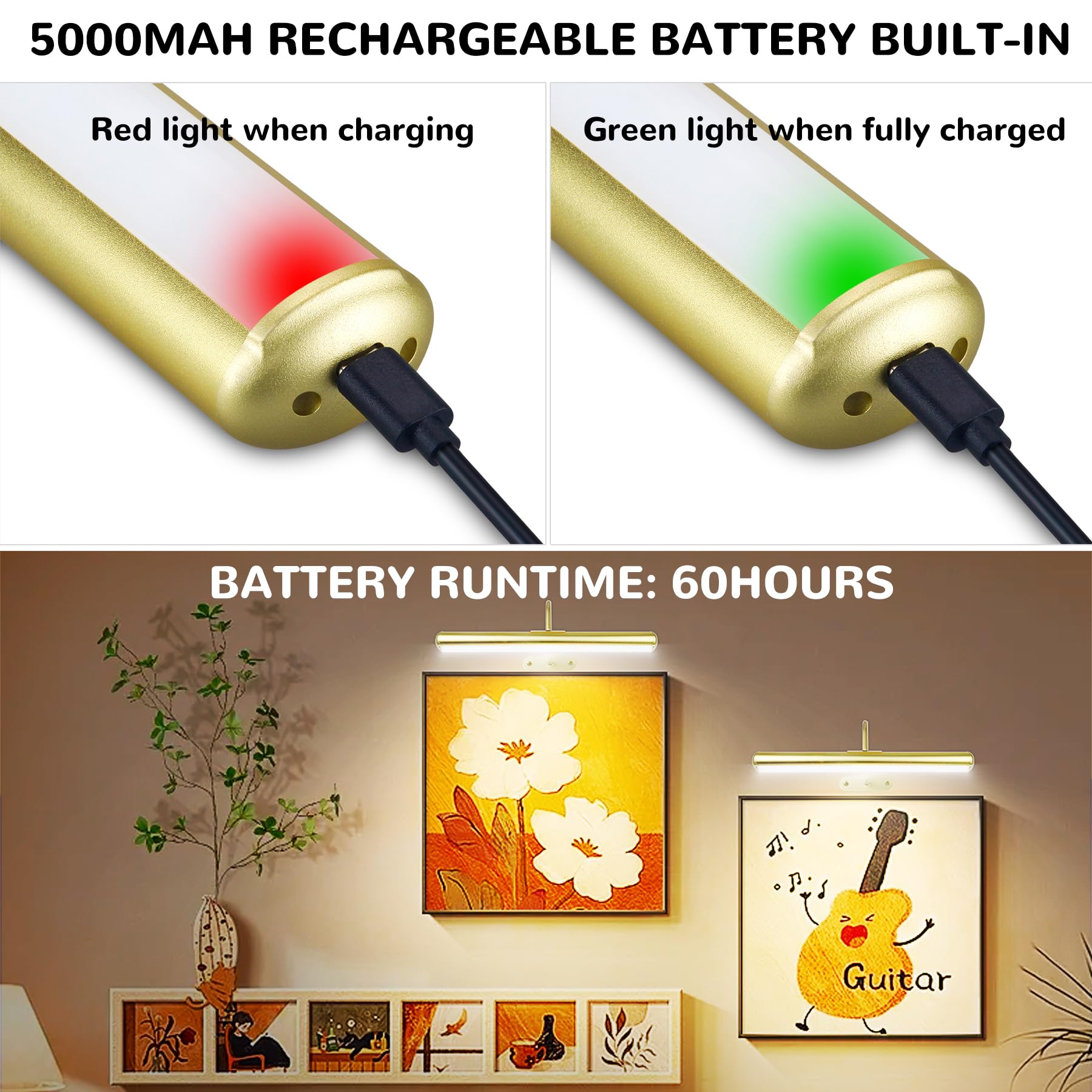 Paquete de 2 luces de pared recargables de 5000 mAh con controlador, colores cálidos/naturaleza/fríos, lámpara LED de pared de metal completo regulable de 400 lm, para galería de retratos de fotos