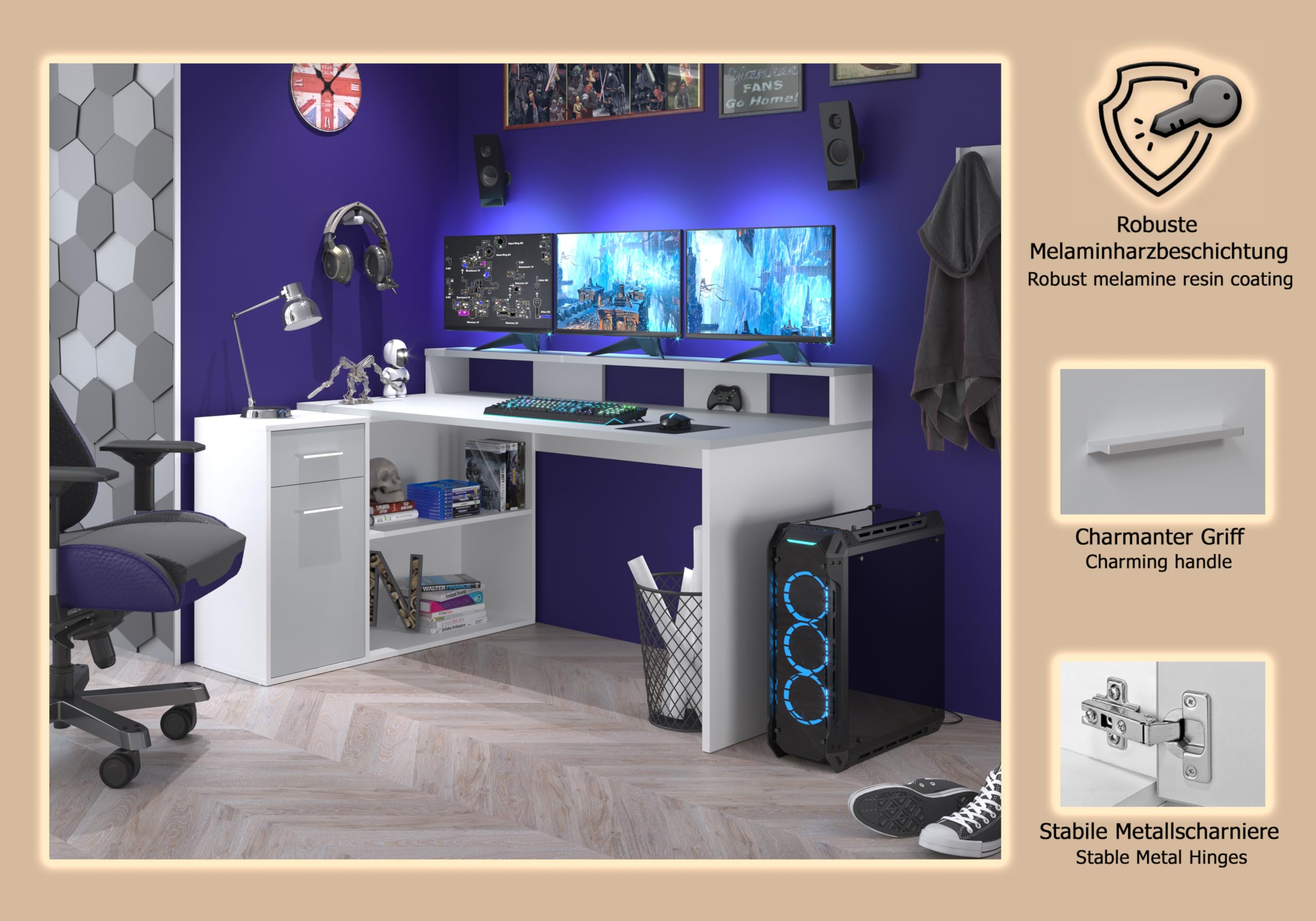 trendteam smart living - Table de Jeu - Bureau - Taille de la Configuration Gamer (LxHxP) 160 x 92 x 115 cm - Couleur Blanc et Gris Clair - 203900703