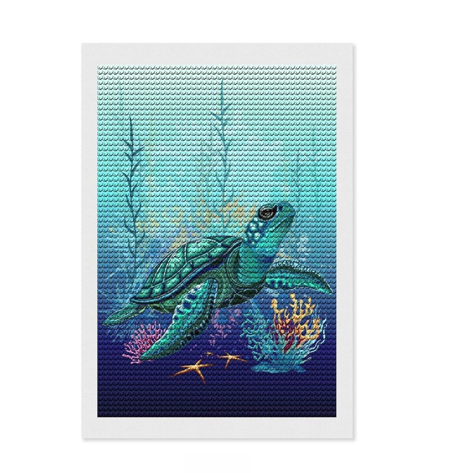 Junmoney Sea Turtle Watercolor Diamond Art Canvas 8"x12", Adhesive Canvas, Calming Craft to Unwind, Boho Decor, Birthday Gift, Easy to Enjoy