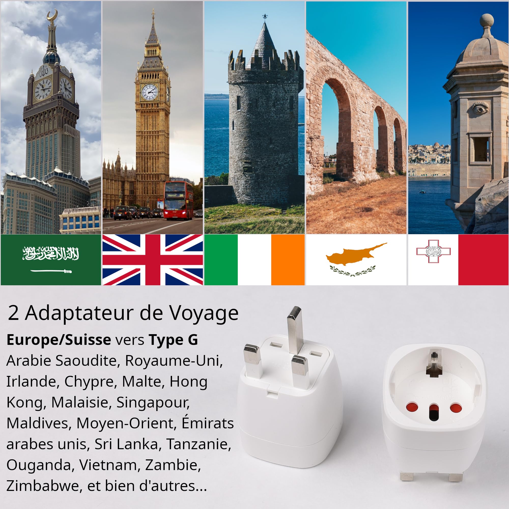 Adattatore Da Viaggio UK Tipo G Con 2 USB E Type-C – Spina Europa A 3 Pin Per Regno Unito, Irlanda E Maldive, Bianco