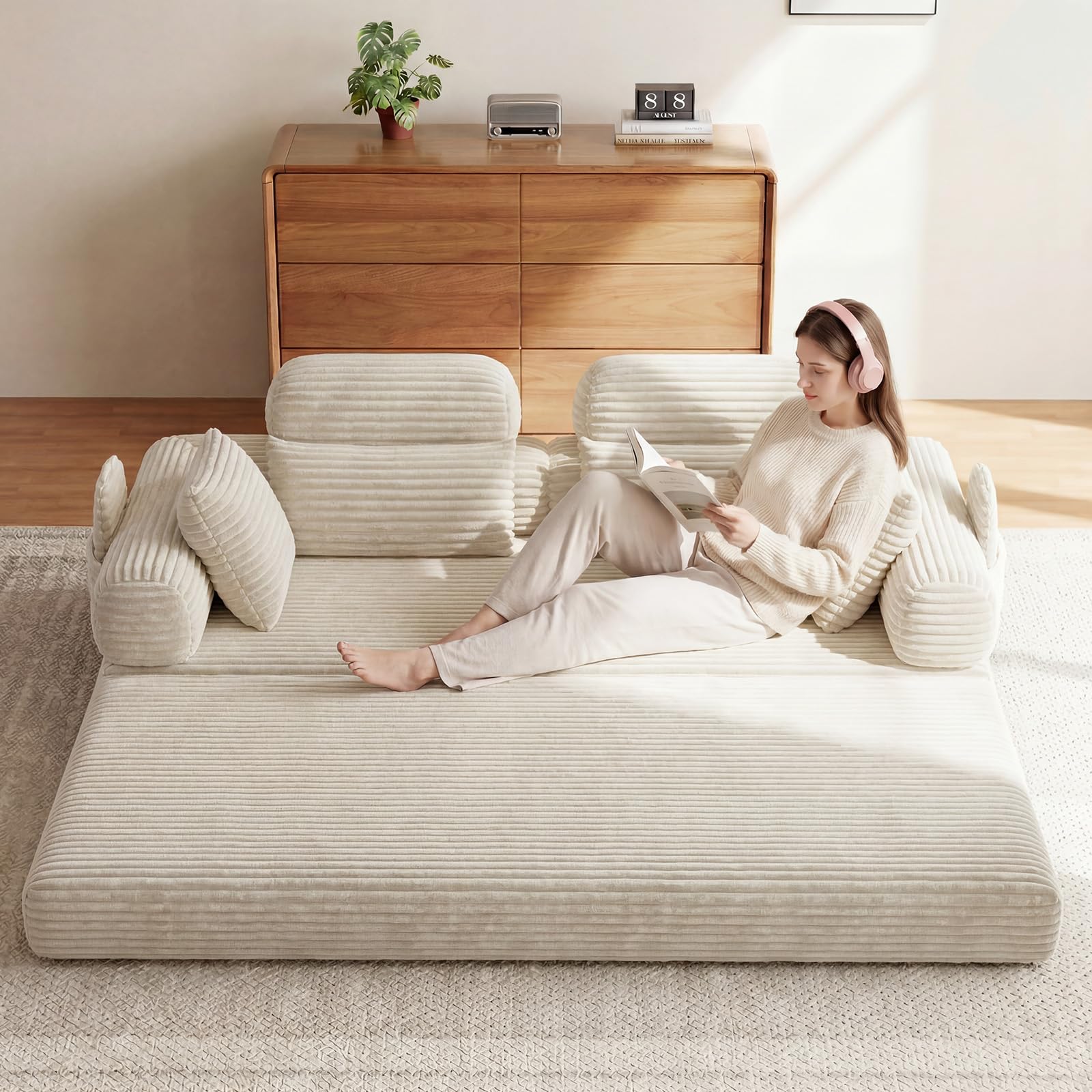 HOMRELEXA Schlafsofa 200cm Breit, Boneless Couch, Bodensofa Bed mit Hohe Rückenlehne, Abnehmbare Integrierte Kopf- und Lendenstütze, 2 Zierkissen, Seitentasche, Cord Sofa mit schlaffunktion, Beige