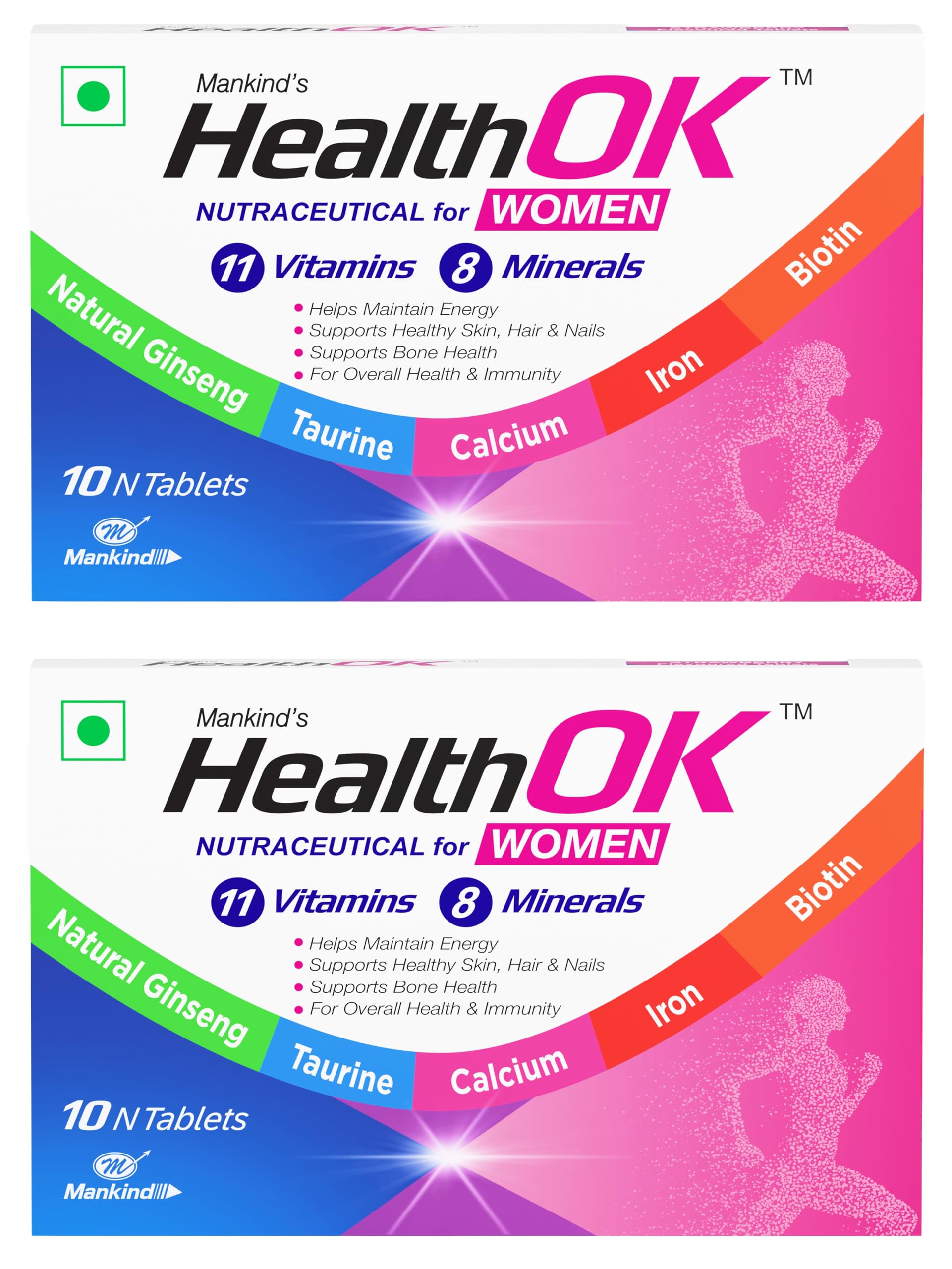 Mankind HealthOK Women Multivitamin 10 Tablets – Strawberry Flavour, Pure Vegetarian, 19+ Essential Vitamins & Minerals with Biotin & Ginseng | Hair Skin Nails, Energy & Bone Health Support x Pack of 2-image-6