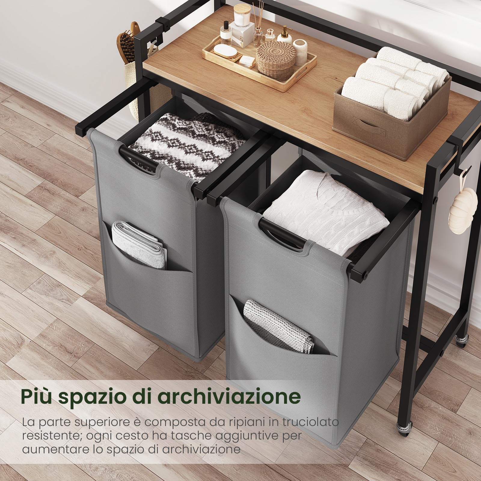 EUGAD Cesto Portabiancheria, 2 Sacchi in Tessuto Oxford Rimovibili, Porta Biancheria, Struttura in Metallo, per Bagno e Lavanderia, 70x30x71cm, Capacità 40L per Cesto