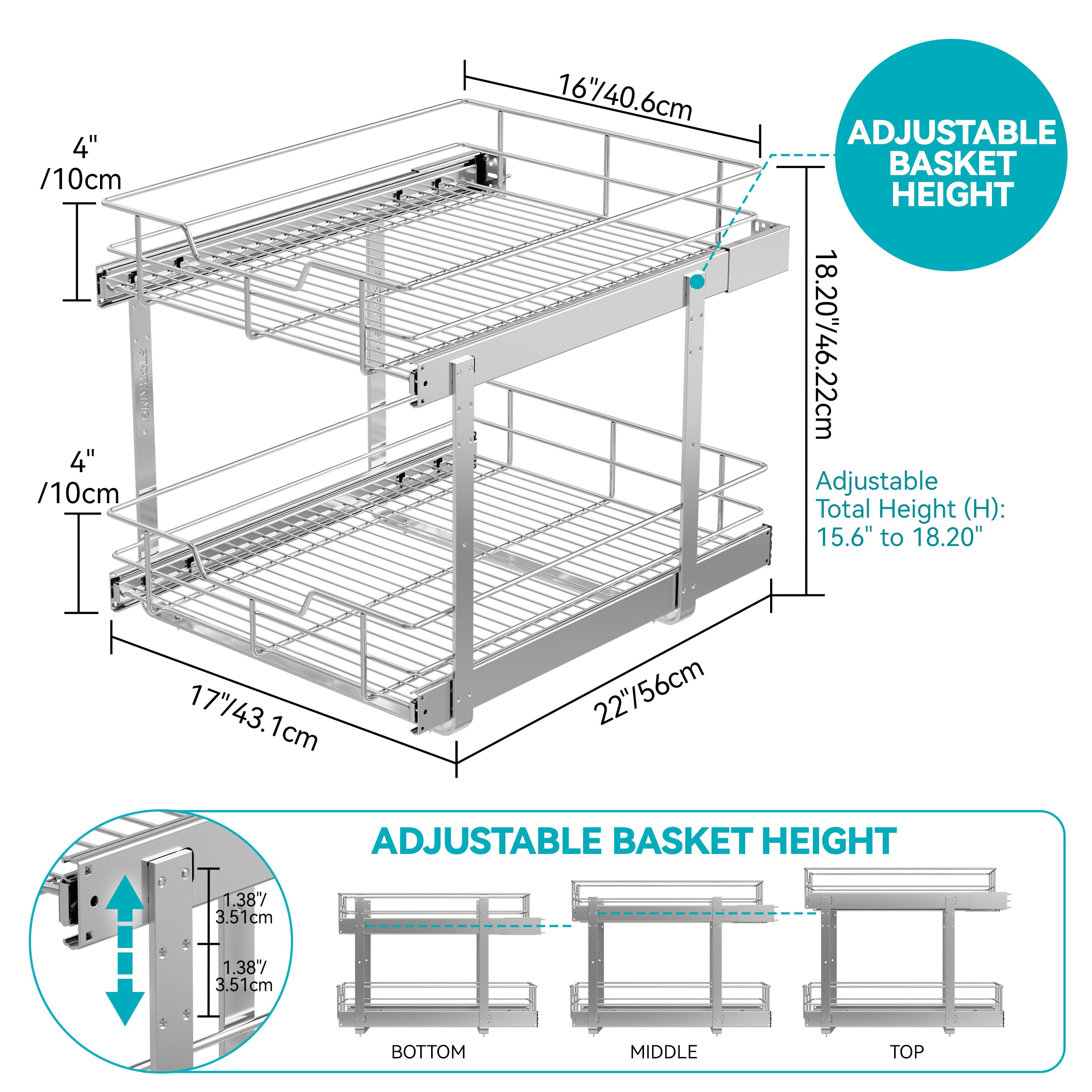 Lynk Professional Organizer Estraibile A Due Ripiani, Metallo Cromato, 27,9 X 45,7 X 40,6 Cm, PROGLIDE