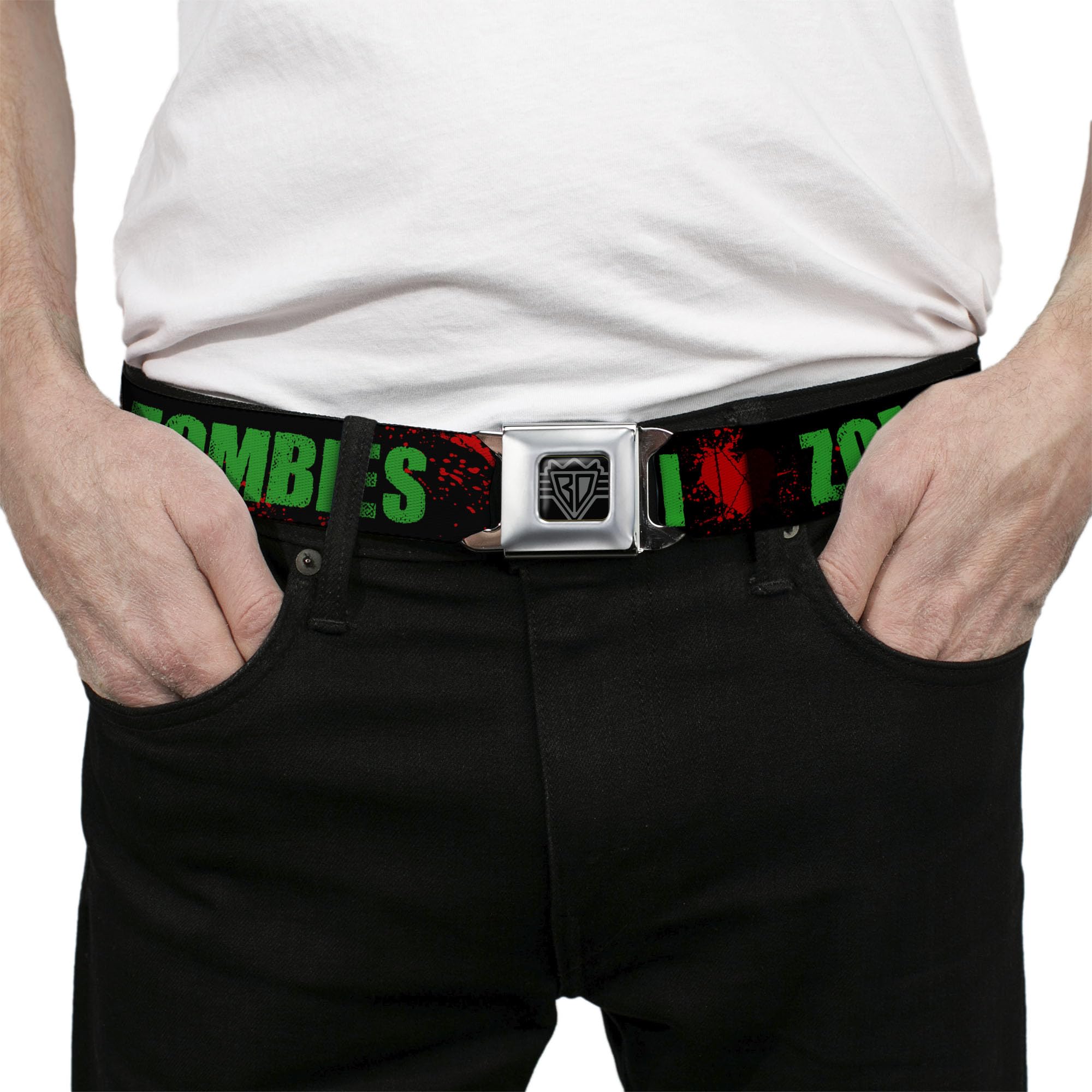 Cinturón de seguridad con hebilla - I''Heart'' ZOMBIES Bold Splatter negro/verde/rojo - 1.0 pulgadas de ancho - 20-36 pulgadas de largo